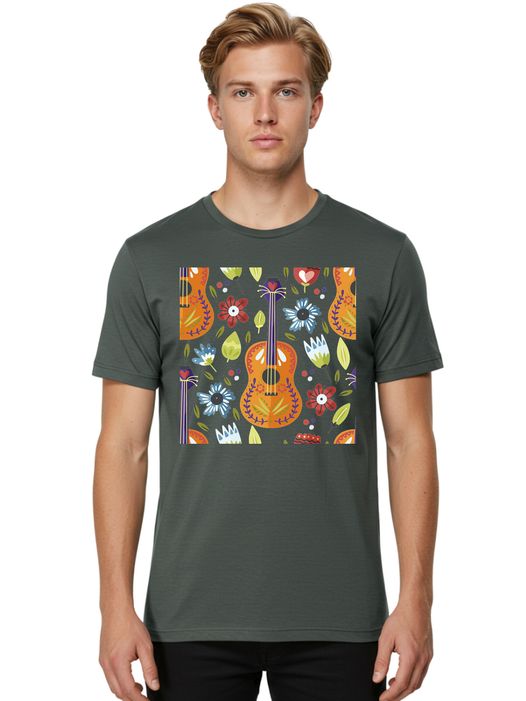 Ukulele-Floral-Pattern Men'S Graphic Tee, 100% Cotton, Comfortable Casual Summer Wear, Machine Washable, Ukulele, Floral Pattern, Flowers, Leaves, Hearts, Musical Instrument, Whimsical Design, Vibrant Colors, Playful Motifs, -  Aaa305