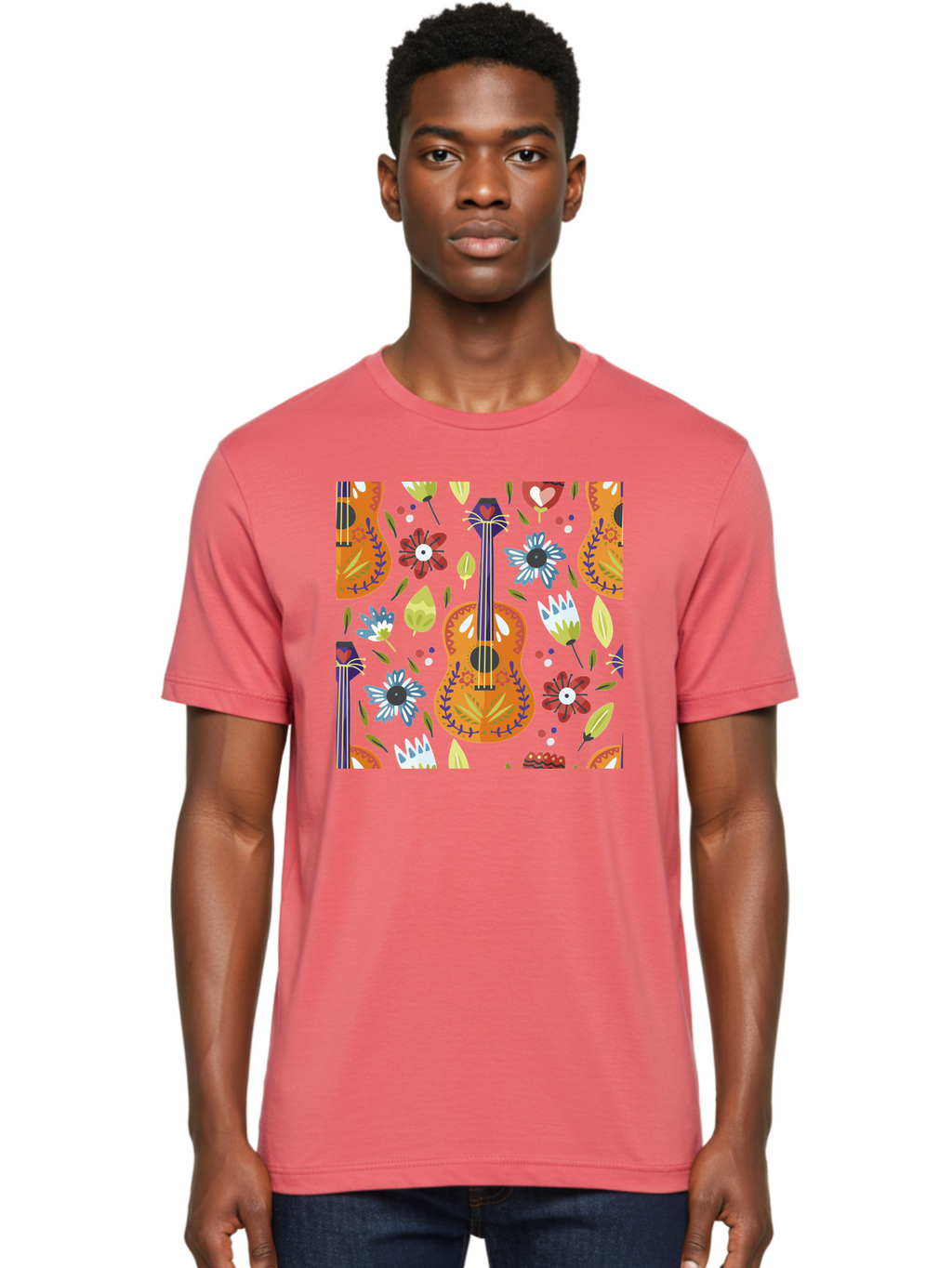 Ukulele-Floral-Pattern Men'S Graphic Tee, 100% Cotton, Comfortable Casual Summer Wear, Machine Washable, Ukulele, Floral Pattern, Flowers, Leaves, Hearts, Musical Instrument, Whimsical Design, Vibrant Colors, Playful Motifs, -  Aaa305