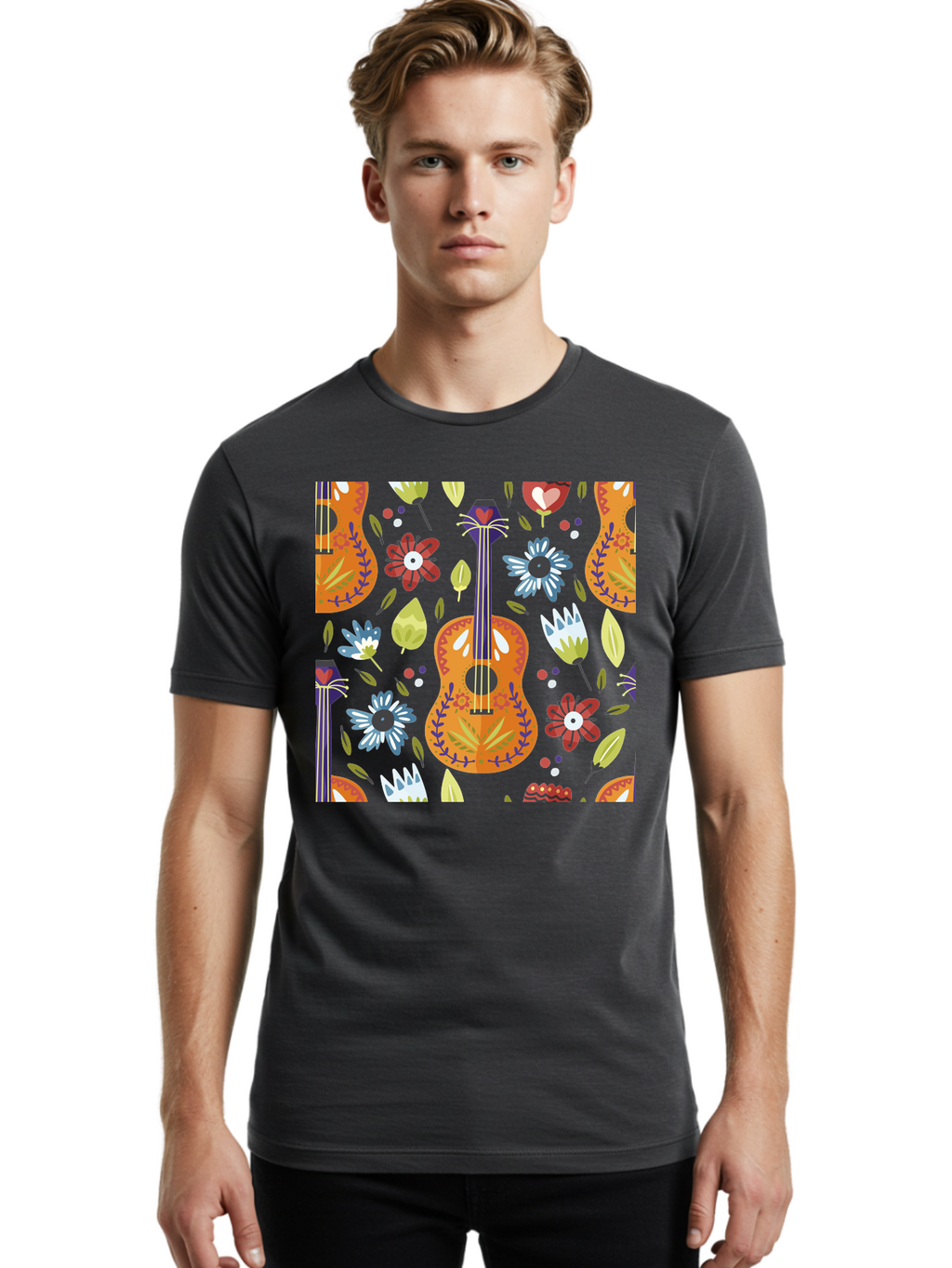 Ukulele-Floral-Pattern Men'S Graphic Tee, 100% Cotton, Comfortable Casual Summer Wear, Machine Washable, Ukulele, Floral Pattern, Flowers, Leaves, Hearts, Musical Instrument, Whimsical Design, Vibrant Colors, Playful Motifs, -  Aaa305