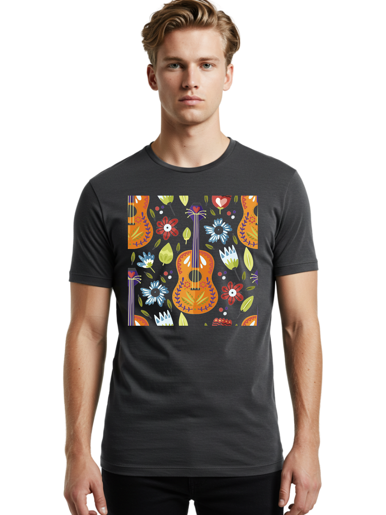 Ukulele-Floral-Pattern Men'S Graphic Tee, 100% Cotton, Comfortable Casual Summer Wear, Machine Washable, Ukulele, Floral Pattern, Flowers, Leaves, Hearts, Musical Instrument, Whimsical Design, Vibrant Colors, Playful Motifs, -  Aaa305