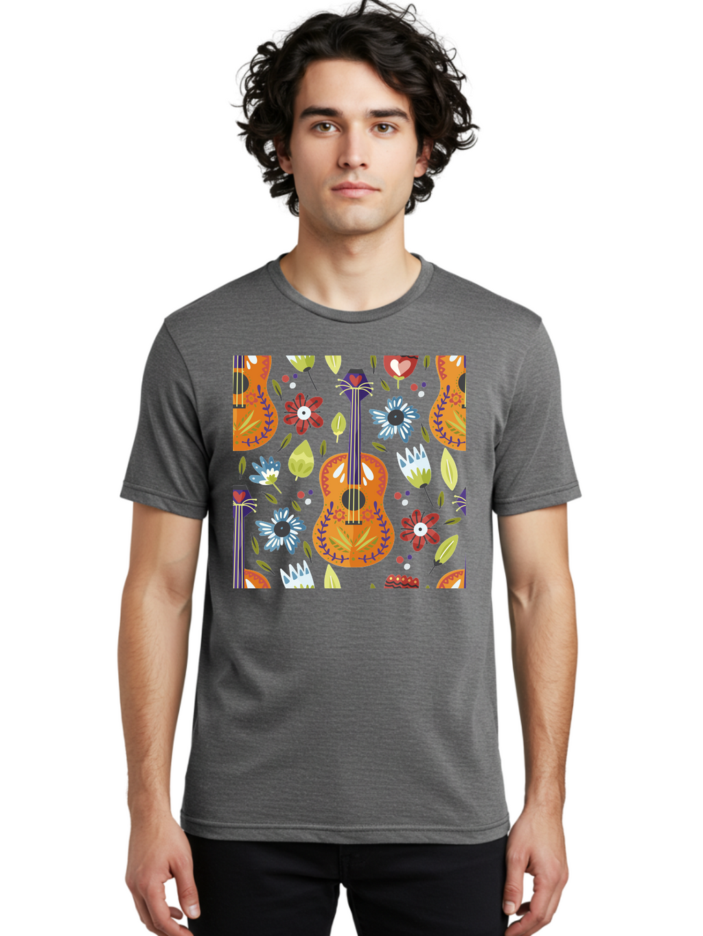 Ukulele-Floral-Pattern Men'S Graphic Tee, 100% Cotton, Comfortable Casual Summer Wear, Machine Washable, Ukulele, Floral Pattern, Flowers, Leaves, Hearts, Musical Instrument, Whimsical Design, Vibrant Colors, Playful Motifs, -  Aaa305
