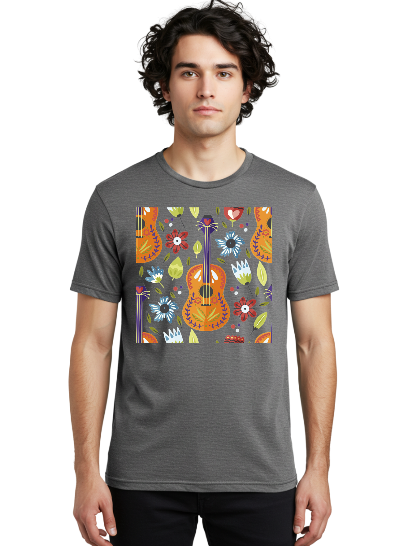 Ukulele-Floral-Pattern Men'S Graphic Tee, 100% Cotton, Comfortable Casual Summer Wear, Machine Washable, Ukulele, Floral Pattern, Flowers, Leaves, Hearts, Musical Instrument, Whimsical Design, Vibrant Colors, Playful Motifs, -  Aaa305
