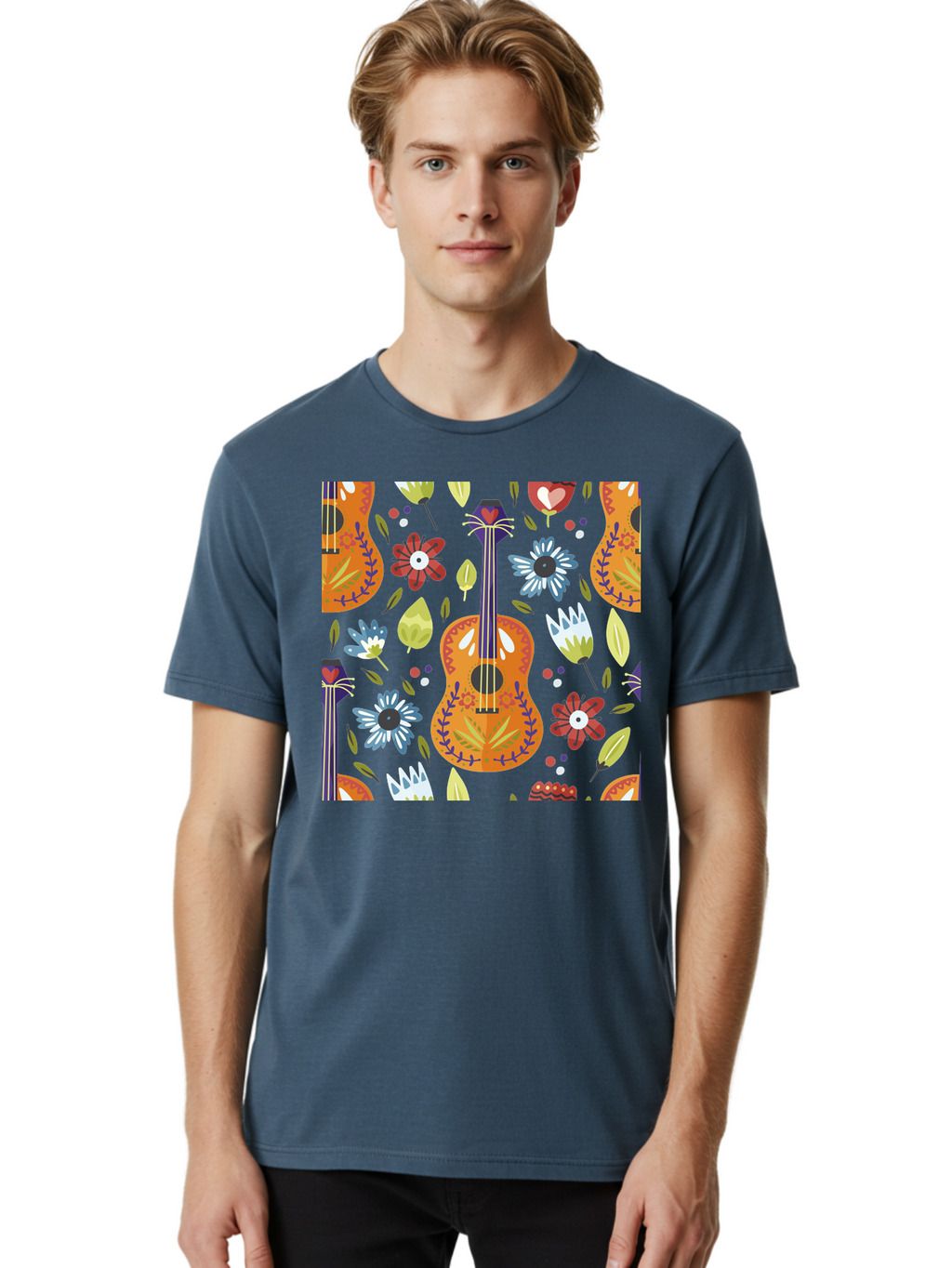 Ukulele-Floral-Pattern Men'S Graphic Tee, 100% Cotton, Comfortable Casual Summer Wear, Machine Washable, Ukulele, Floral Pattern, Flowers, Leaves, Hearts, Musical Instrument, Whimsical Design, Vibrant Colors, Playful Motifs, -  Aaa305