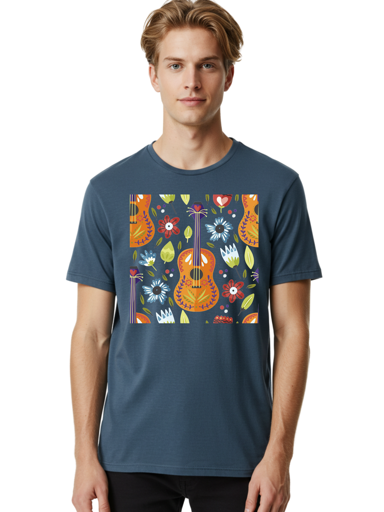 Ukulele-Floral-Pattern Men'S Graphic Tee, 100% Cotton, Comfortable Casual Summer Wear, Machine Washable, Ukulele, Floral Pattern, Flowers, Leaves, Hearts, Musical Instrument, Whimsical Design, Vibrant Colors, Playful Motifs, -  Aaa305