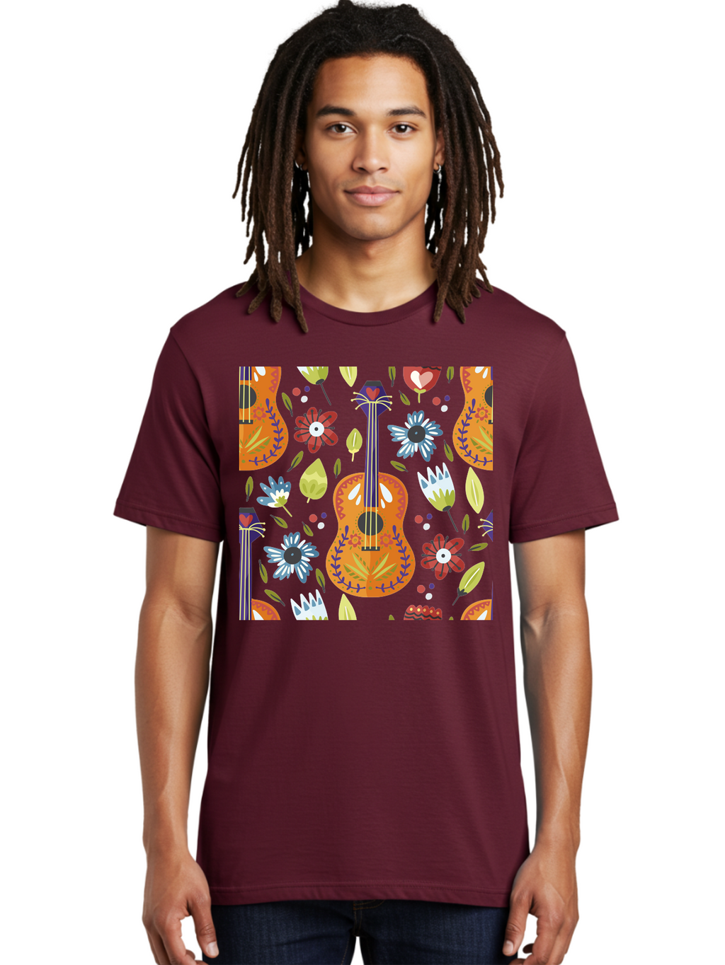 Ukulele-Floral-Pattern Men'S Graphic Tee, 100% Cotton, Comfortable Casual Summer Wear, Machine Washable, Ukulele, Floral Pattern, Flowers, Leaves, Hearts, Musical Instrument, Whimsical Design, Vibrant Colors, Playful Motifs, -  Aaa305