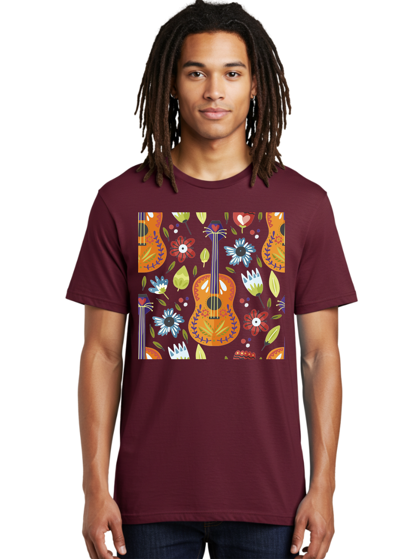 Ukulele-Floral-Pattern Men'S Graphic Tee, 100% Cotton, Comfortable Casual Summer Wear, Machine Washable, Ukulele, Floral Pattern, Flowers, Leaves, Hearts, Musical Instrument, Whimsical Design, Vibrant Colors, Playful Motifs, -  Aaa305