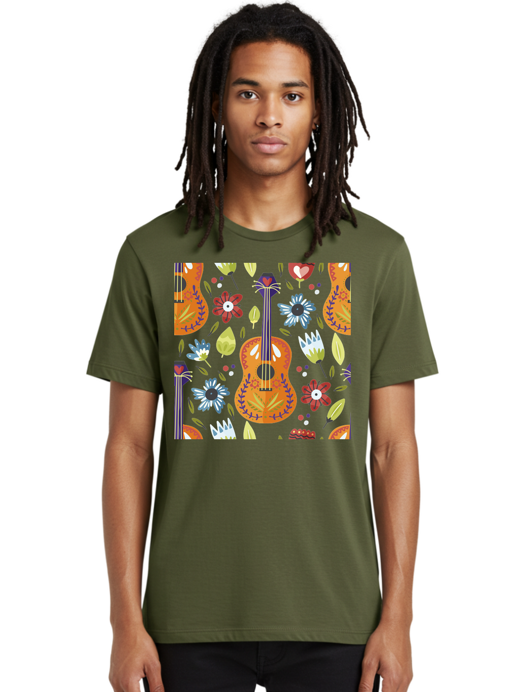 Ukulele-Floral-Pattern Men'S Graphic Tee, 100% Cotton, Comfortable Casual Summer Wear, Machine Washable, Ukulele, Floral Pattern, Flowers, Leaves, Hearts, Musical Instrument, Whimsical Design, Vibrant Colors, Playful Motifs, -  Aaa305