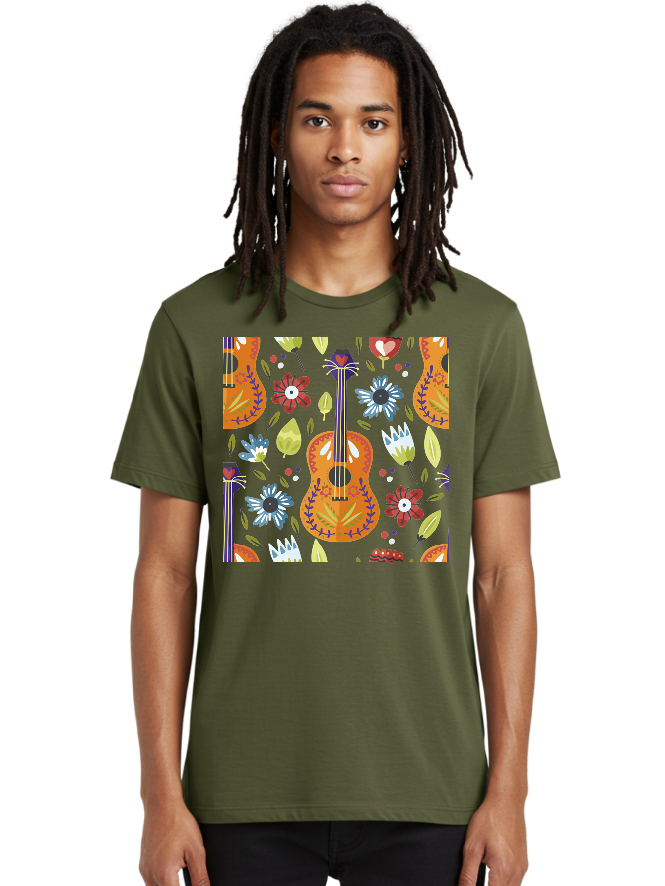 Ukulele-Floral-Pattern Men'S Graphic Tee, 100% Cotton, Comfortable Casual Summer Wear, Machine Washable, Ukulele, Floral Pattern, Flowers, Leaves, Hearts, Musical Instrument, Whimsical Design, Vibrant Colors, Playful Motifs, -  Aaa305