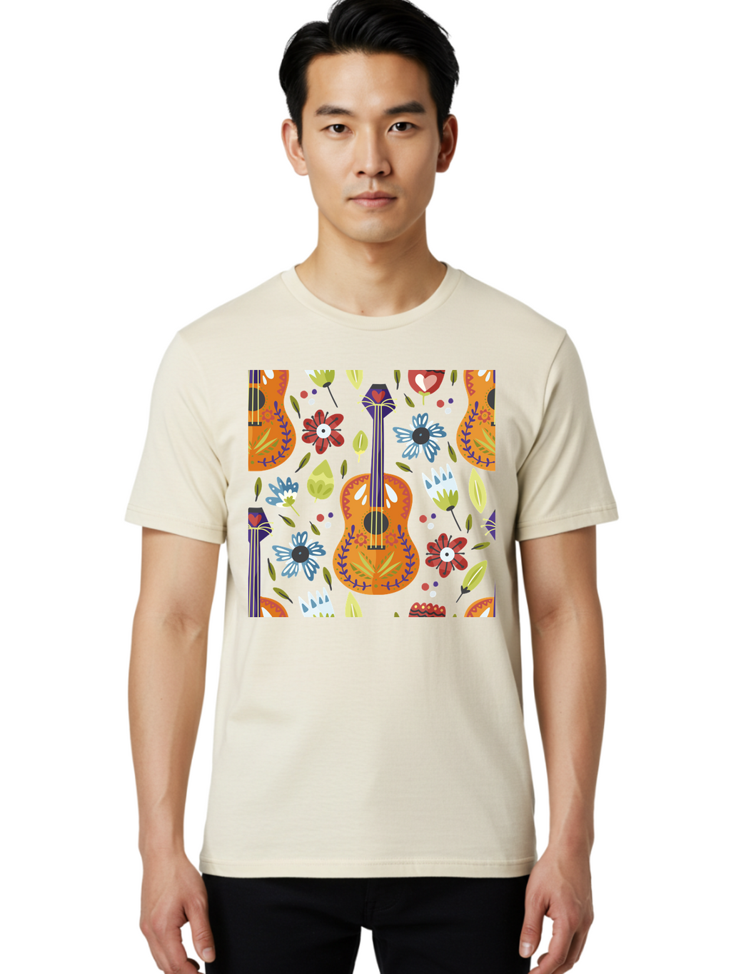 Ukulele-Floral-Pattern Men'S Graphic Tee, 100% Cotton, Comfortable Casual Summer Wear, Machine Washable, Ukulele, Floral Pattern, Flowers, Leaves, Hearts, Musical Instrument, Whimsical Design, Vibrant Colors, Playful Motifs, -  Aaa305
