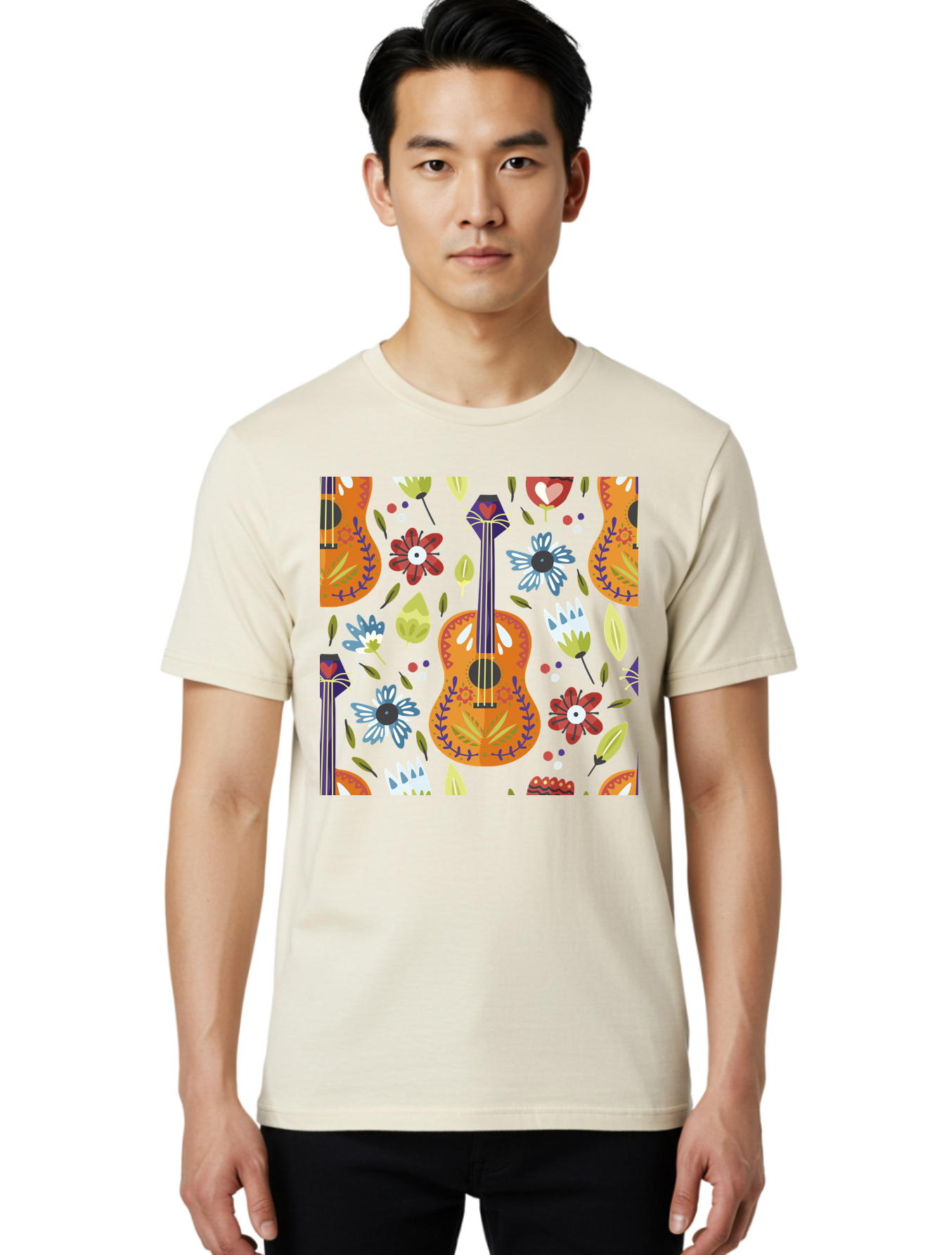 Ukulele-Floral-Pattern Men'S Graphic Tee, 100% Cotton, Comfortable Casual Summer Wear, Machine Washable, Ukulele, Floral Pattern, Flowers, Leaves, Hearts, Musical Instrument, Whimsical Design, Vibrant Colors, Playful Motifs, -  Aaa305
