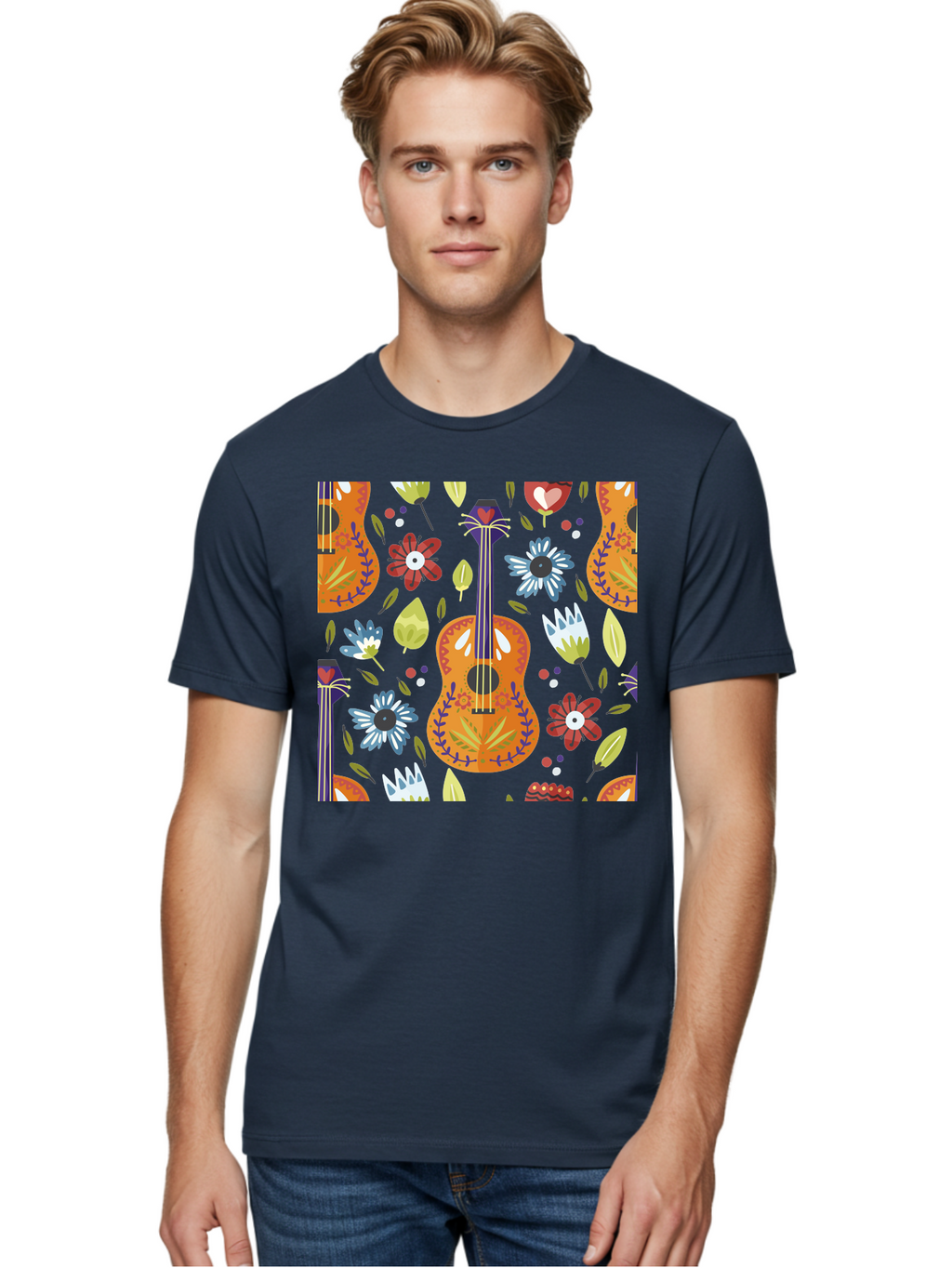 Ukulele-Floral-Pattern Men'S Graphic Tee, 100% Cotton, Comfortable Casual Summer Wear, Machine Washable, Ukulele, Floral Pattern, Flowers, Leaves, Hearts, Musical Instrument, Whimsical Design, Vibrant Colors, Playful Motifs, -  Aaa305
