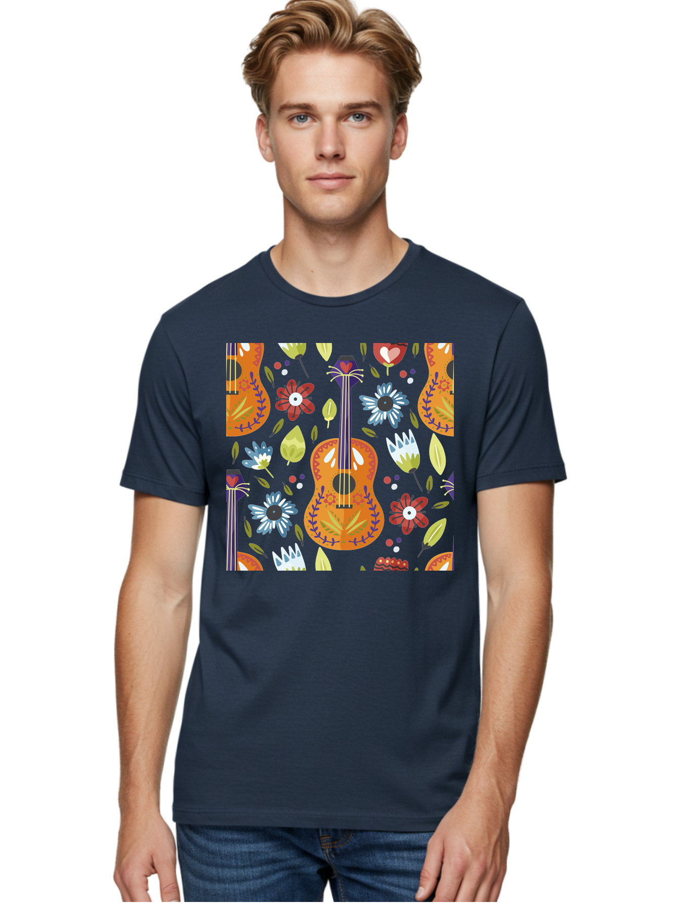 Ukulele-Floral-Pattern Men'S Graphic Tee, 100% Cotton, Comfortable Casual Summer Wear, Machine Washable, Ukulele, Floral Pattern, Flowers, Leaves, Hearts, Musical Instrument, Whimsical Design, Vibrant Colors, Playful Motifs, -  Aaa305