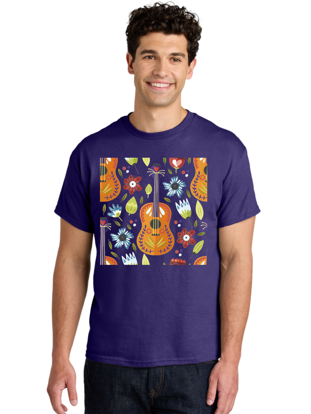 Ukulele-Floral-Pattern Men'S Graphic Tee, 100% Cotton, Comfortable Casual Summer Wear, Machine Washable, Ukulele, Floral Pattern, Flowers, Leaves, Hearts, Musical Instrument, Whimsical Design, Vibrant Colors, Playful Motifs, -  Aaa305