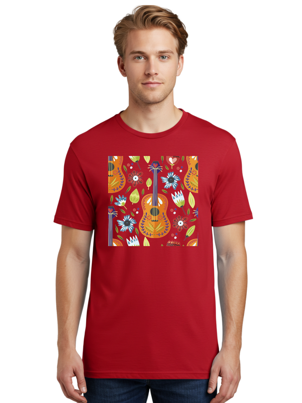 Ukulele-Floral-Pattern Men'S Graphic Tee, 100% Cotton, Comfortable Casual Summer Wear, Machine Washable, Ukulele, Floral Pattern, Flowers, Leaves, Hearts, Musical Instrument, Whimsical Design, Vibrant Colors, Playful Motifs, -  Aaa305