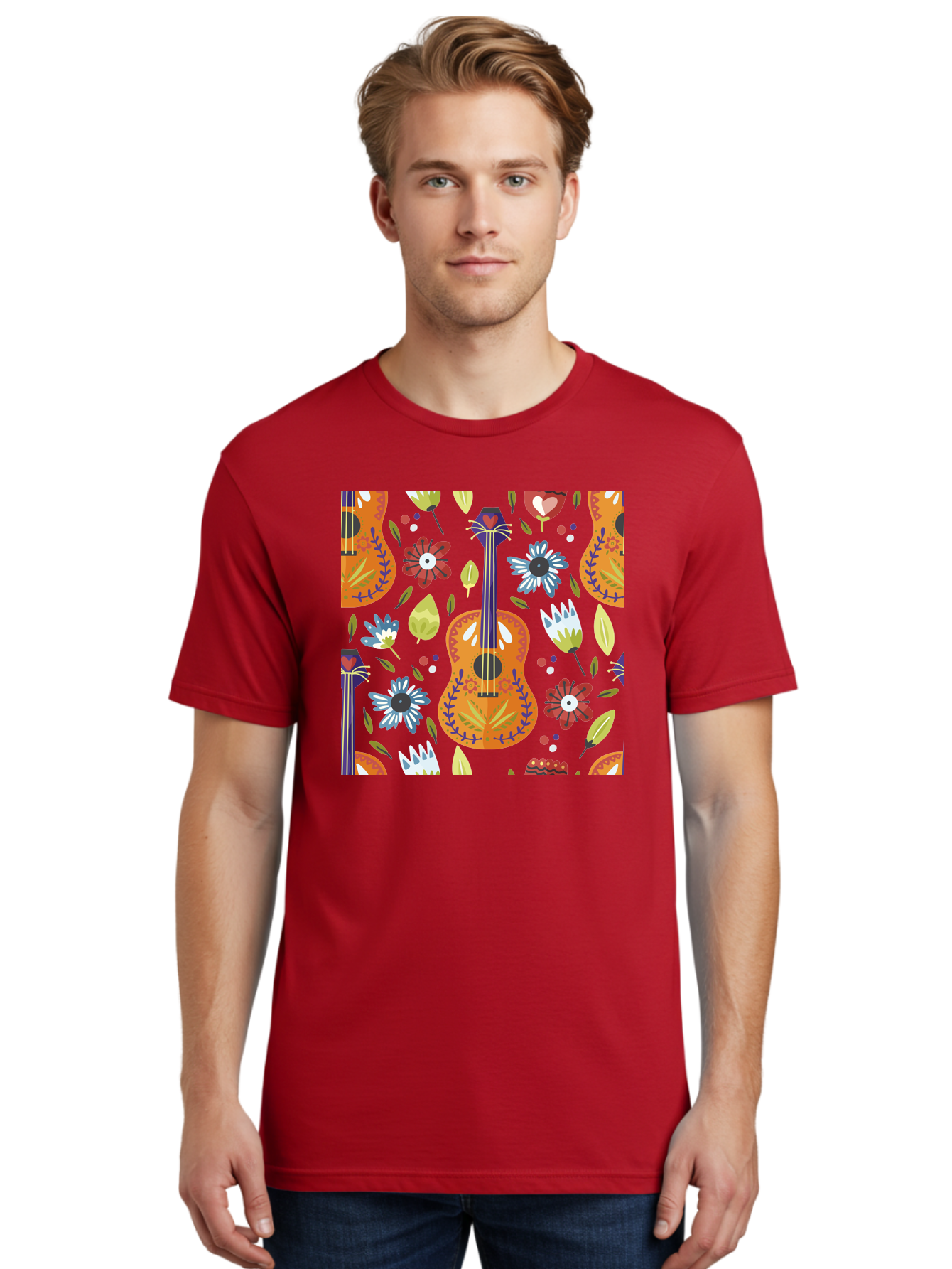 Ukulele-Floral-Pattern Men'S Graphic Tee, 100% Cotton, Comfortable Casual Summer Wear, Machine Washable, Ukulele, Floral Pattern, Flowers, Leaves, Hearts, Musical Instrument, Whimsical Design, Vibrant Colors, Playful Motifs, -  Aaa305