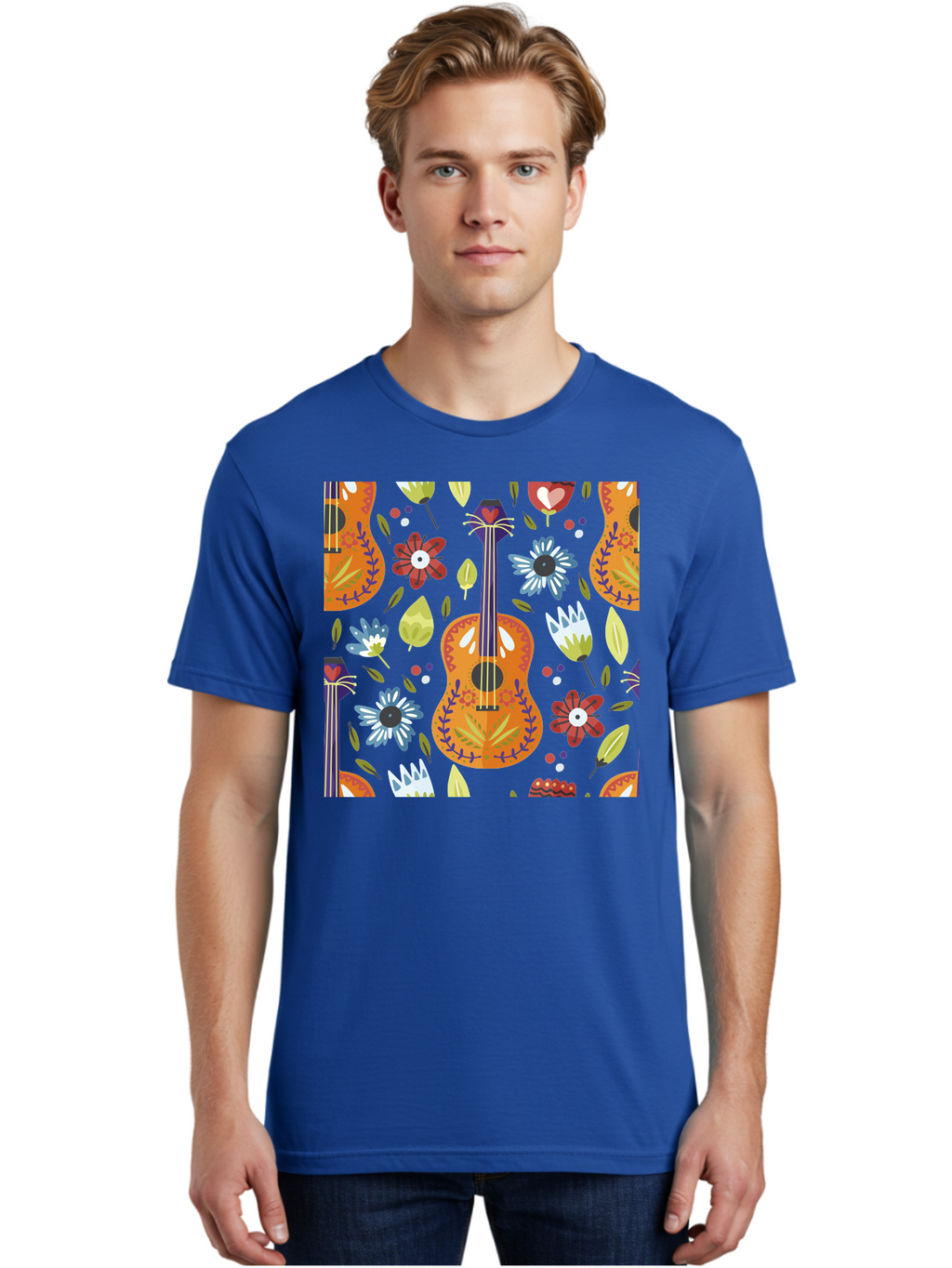 Ukulele-Floral-Pattern Men'S Graphic Tee, 100% Cotton, Comfortable Casual Summer Wear, Machine Washable, Ukulele, Floral Pattern, Flowers, Leaves, Hearts, Musical Instrument, Whimsical Design, Vibrant Colors, Playful Motifs, -  Aaa305