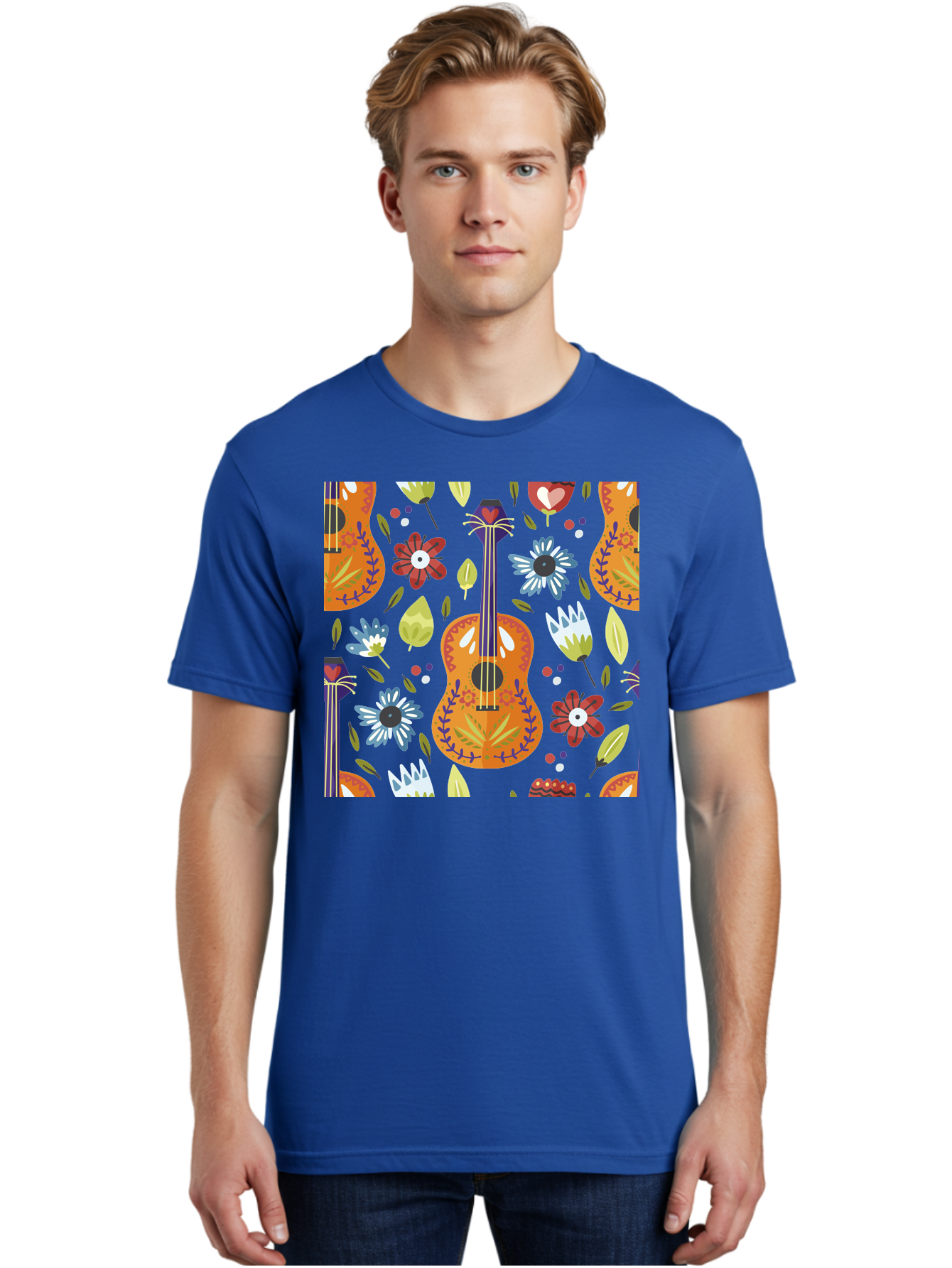 Ukulele-Floral-Pattern Men'S Graphic Tee, 100% Cotton, Comfortable Casual Summer Wear, Machine Washable, Ukulele, Floral Pattern, Flowers, Leaves, Hearts, Musical Instrument, Whimsical Design, Vibrant Colors, Playful Motifs, -  Aaa305