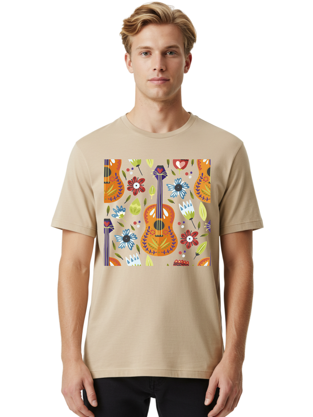 Ukulele-Floral-Pattern Men'S Graphic Tee, 100% Cotton, Comfortable Casual Summer Wear, Machine Washable, Ukulele, Floral Pattern, Flowers, Leaves, Hearts, Musical Instrument, Whimsical Design, Vibrant Colors, Playful Motifs, -  Aaa305