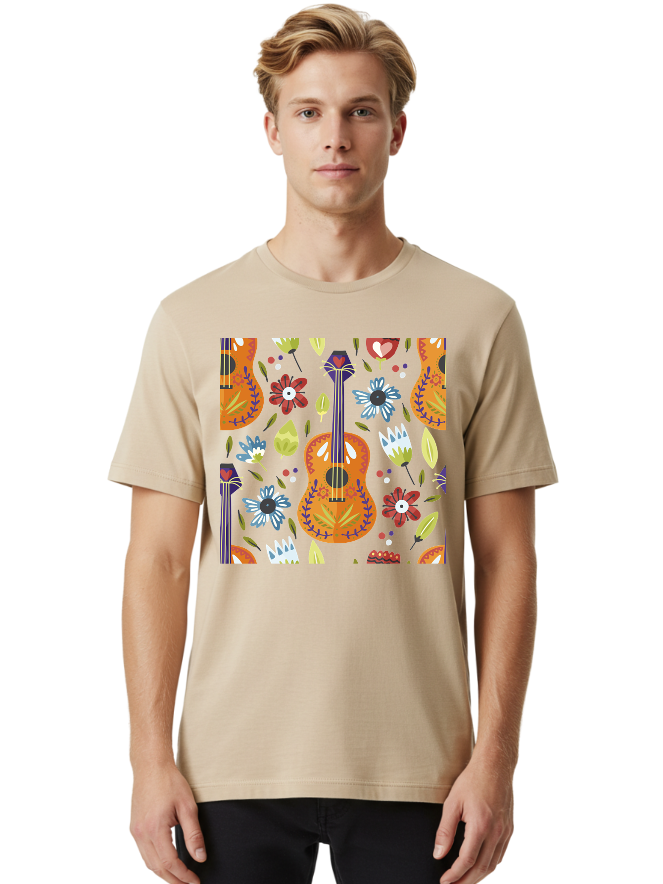 Ukulele-Floral-Pattern Men'S Graphic Tee, 100% Cotton, Comfortable Casual Summer Wear, Machine Washable, Ukulele, Floral Pattern, Flowers, Leaves, Hearts, Musical Instrument, Whimsical Design, Vibrant Colors, Playful Motifs, -  Aaa305