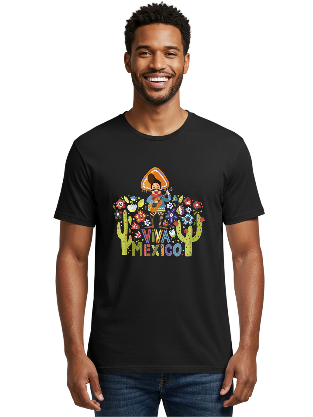 Viva-Mexico-1 Men'S Graphic Tee, 100% Cotton, Comfortable Casual Summer Wear, Machine Washable, Mexican Musician, Mariachi Playing Guitar, Festive Atmosphere, Colorful Flowers, Cacti, Cultural Heritage, Vibrant Colors, -  Aaa306