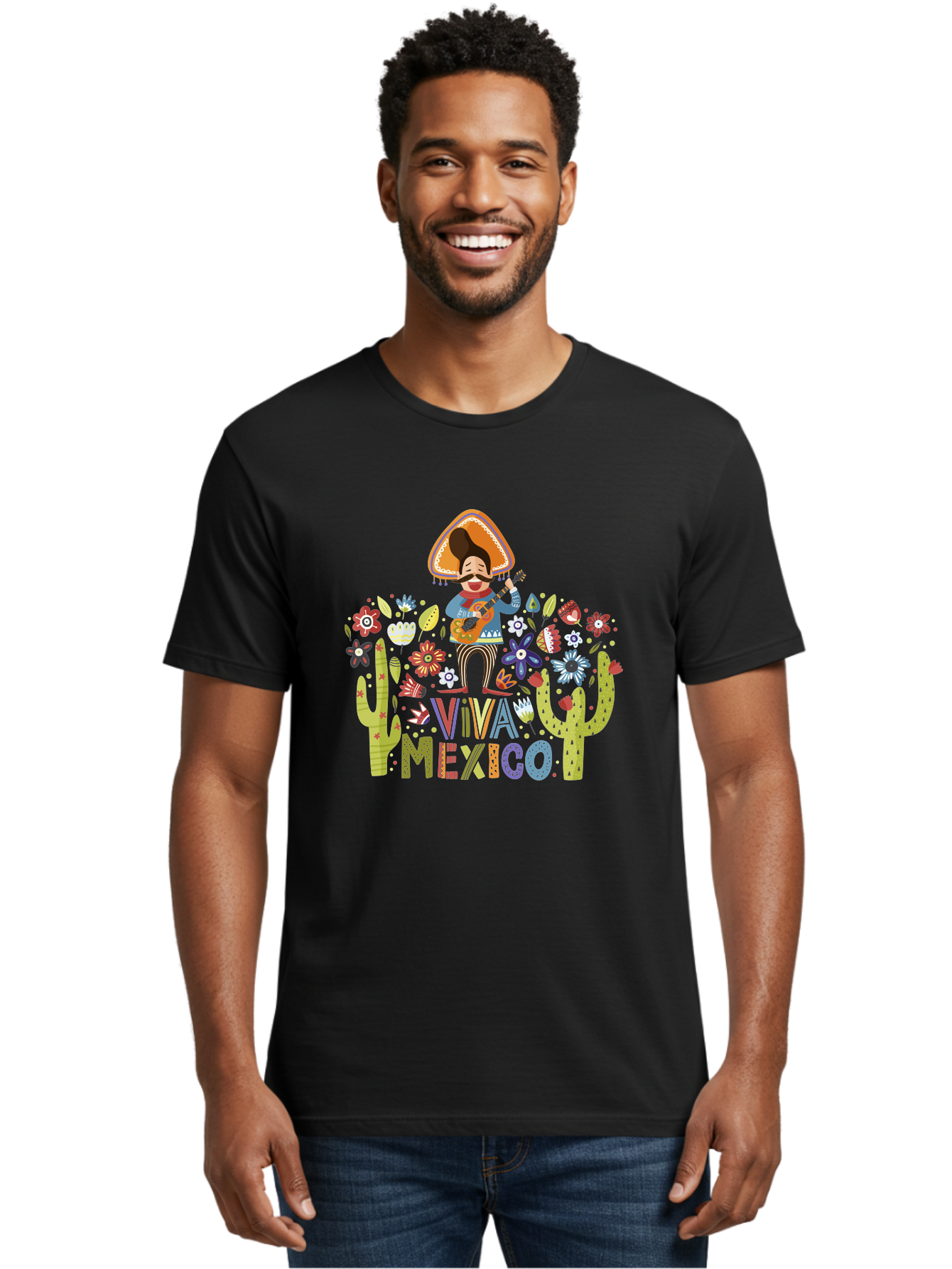 Viva-Mexico-1 Men'S Graphic Tee, 100% Cotton, Comfortable Casual Summer Wear, Machine Washable, Mexican Musician, Mariachi Playing Guitar, Festive Atmosphere, Colorful Flowers, Cacti, Cultural Heritage, Vibrant Colors, -  Aaa306