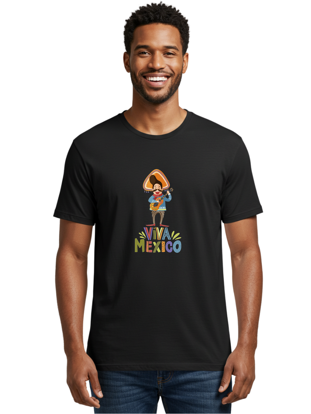 Viva-Mexico Men'S Graphic Tee, 100% Cotton, Comfortable Casual Summer Wear, Machine Washable, Mexican Culture, Traditional Clothing, Mariachi Musician, Guitar Player, Festive Atmosphere, Colorful Graphics, Vibrant Colors, -  Aaa309