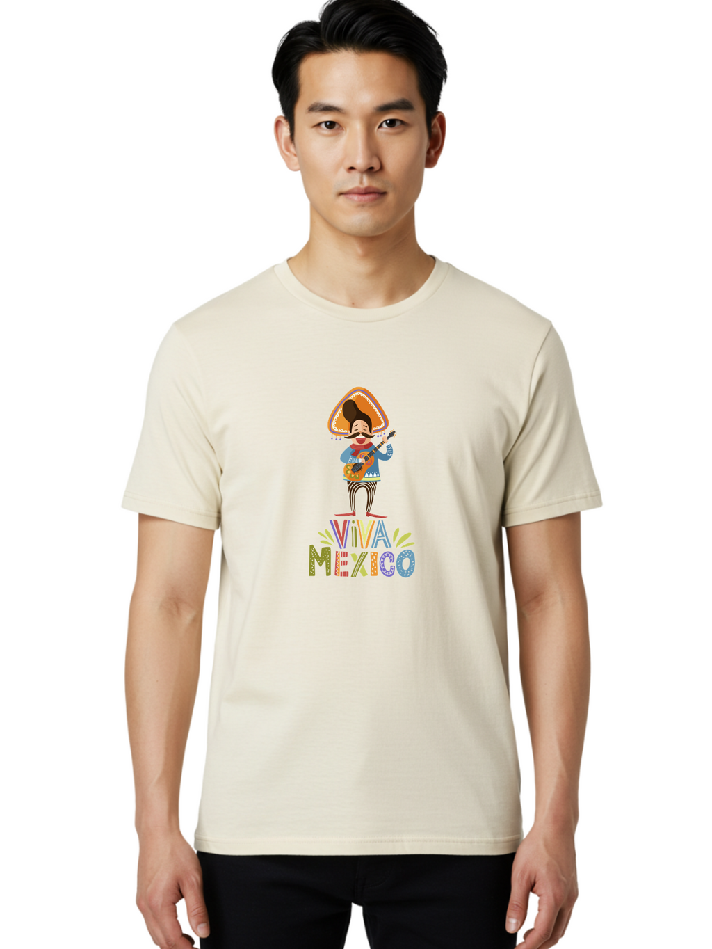 Viva-Mexico Men'S Graphic Tee, 100% Cotton, Comfortable Casual Summer Wear, Machine Washable, Mexican Culture, Traditional Clothing, Mariachi Musician, Guitar Player, Festive Atmosphere, Colorful Graphics, Vibrant Colors, -  Aaa309