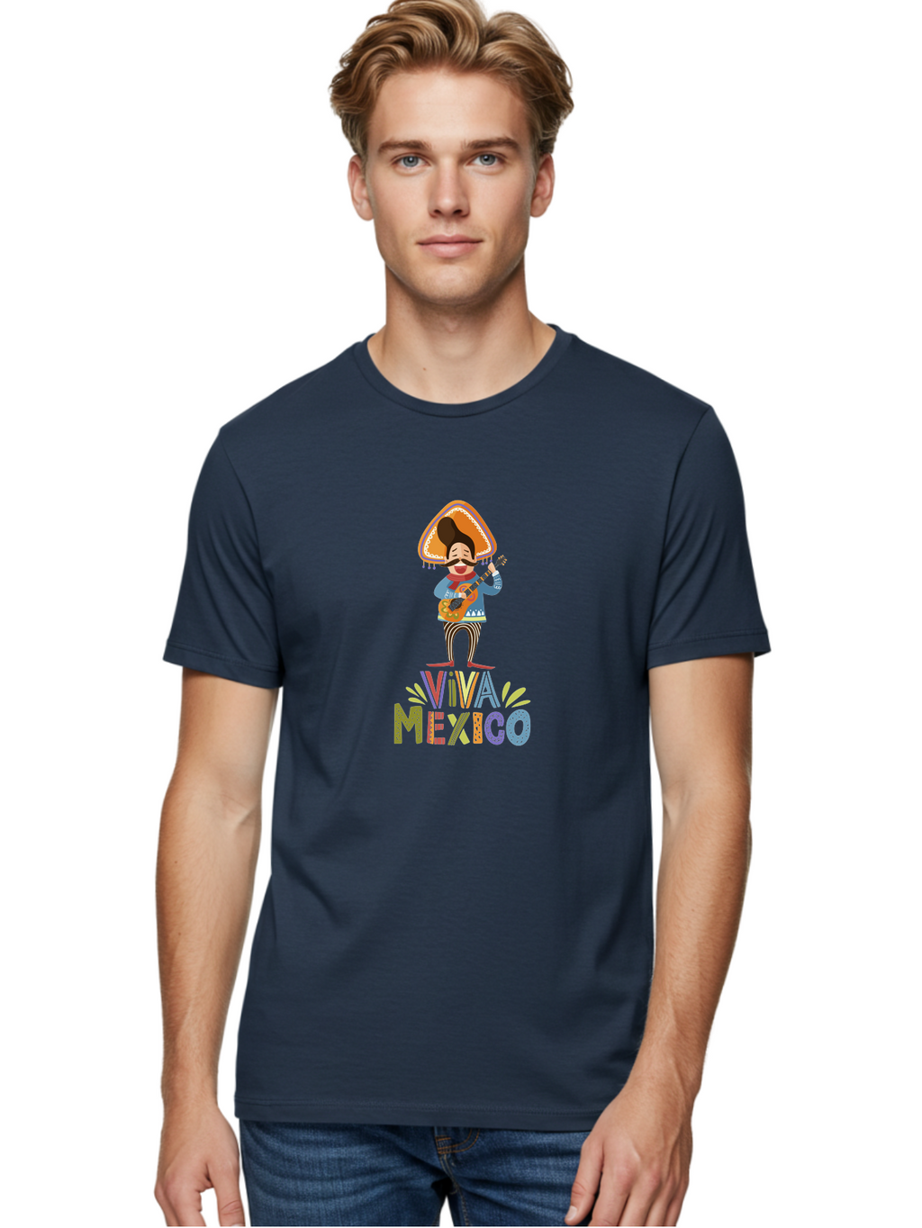 Viva-Mexico Men'S Graphic Tee, 100% Cotton, Comfortable Casual Summer Wear, Machine Washable, Mexican Culture, Traditional Clothing, Mariachi Musician, Guitar Player, Festive Atmosphere, Colorful Graphics, Vibrant Colors, -  Aaa309