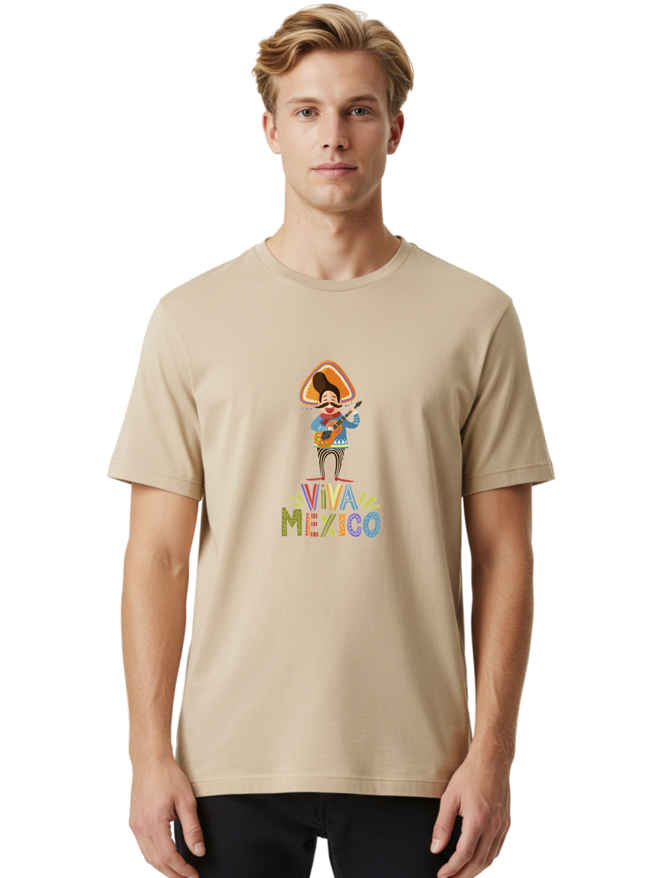 Viva-Mexico Men'S Graphic Tee, 100% Cotton, Comfortable Casual Summer Wear, Machine Washable, Mexican Culture, Traditional Clothing, Mariachi Musician, Guitar Player, Festive Atmosphere, Colorful Graphics, Vibrant Colors, -  Aaa309