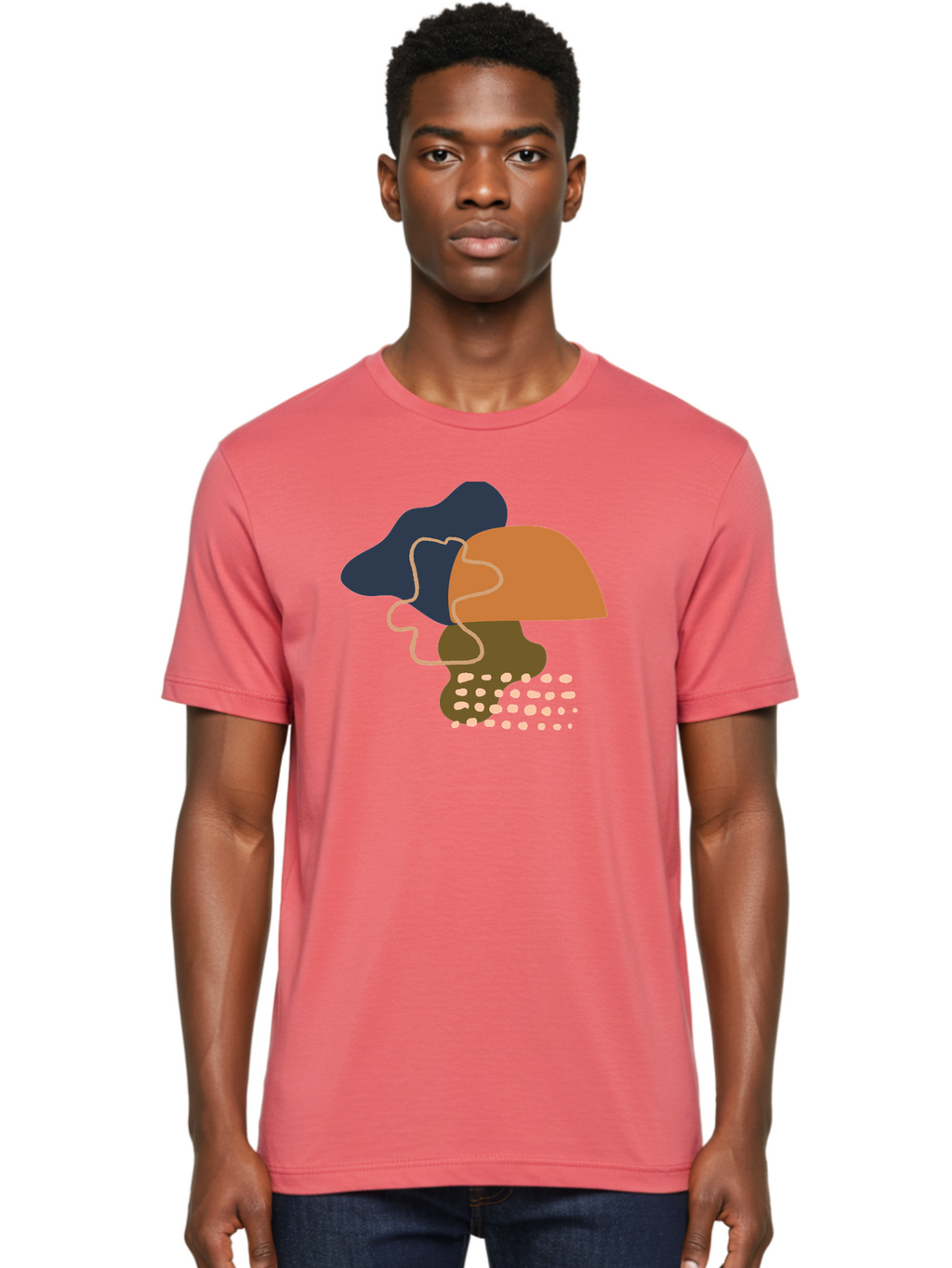 Abstract-Shapes-3 Men'S Graphic Tee, 100% Cotton, Comfortable Casual Summer Wear, Machine Washable, Abstract Shapes, Modern Art, Digital Illustration, Wavy Line, Layered Forms, Blue, Orange, Brown Colors, Minimalist Design, -  Aaa355