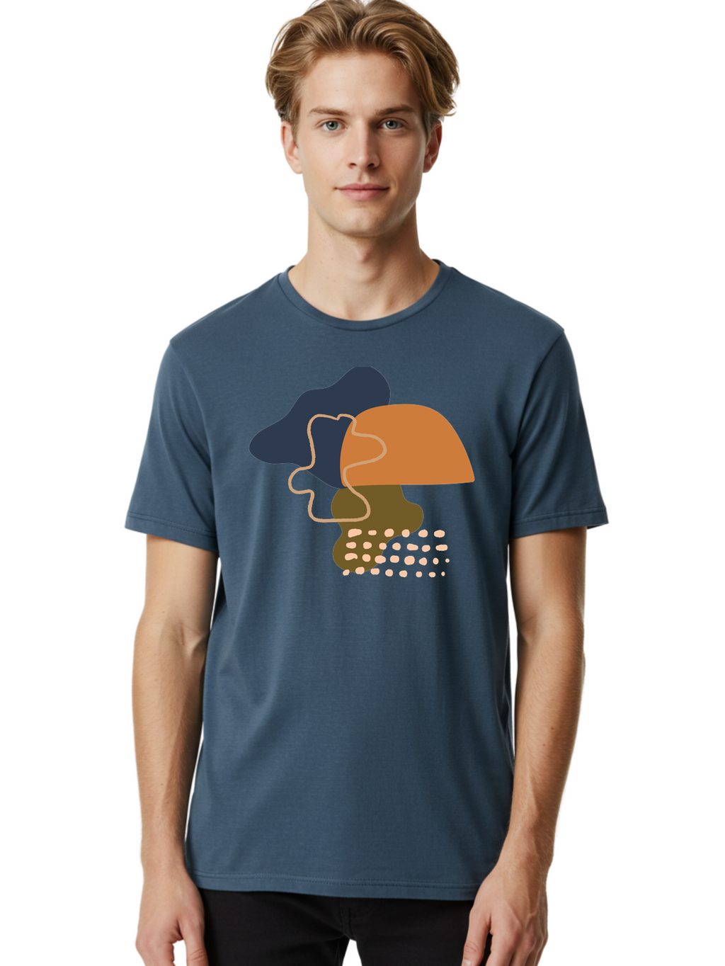 Abstract-Shapes-3 Men'S Graphic Tee, 100% Cotton, Comfortable Casual Summer Wear, Machine Washable, Abstract Shapes, Modern Art, Digital Illustration, Wavy Line, Layered Forms, Blue, Orange, Brown Colors, Minimalist Design, -  Aaa355