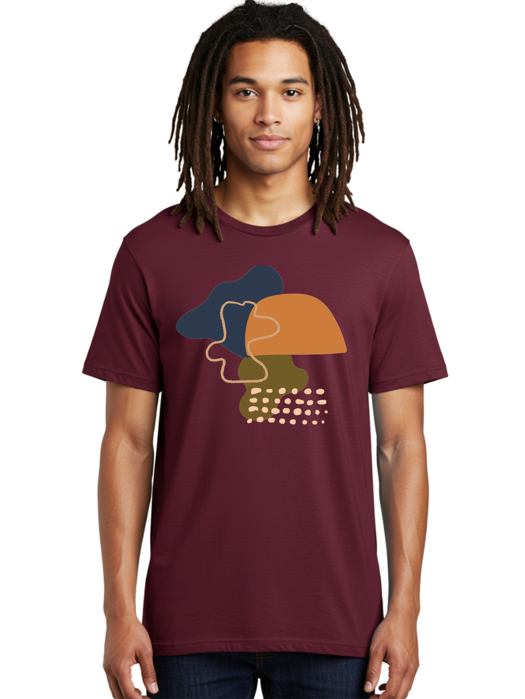 Abstract-Shapes-3 Men'S Graphic Tee, 100% Cotton, Comfortable Casual Summer Wear, Machine Washable, Abstract Shapes, Modern Art, Digital Illustration, Wavy Line, Layered Forms, Blue, Orange, Brown Colors, Minimalist Design, -  Aaa355