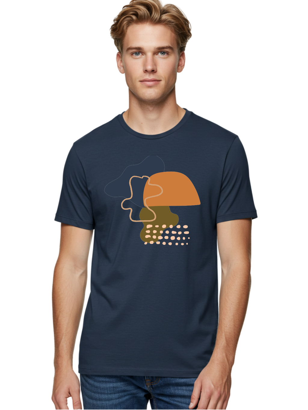 Abstract-Shapes-3 Men'S Graphic Tee, 100% Cotton, Comfortable Casual Summer Wear, Machine Washable, Abstract Shapes, Modern Art, Digital Illustration, Wavy Line, Layered Forms, Blue, Orange, Brown Colors, Minimalist Design, -  Aaa355