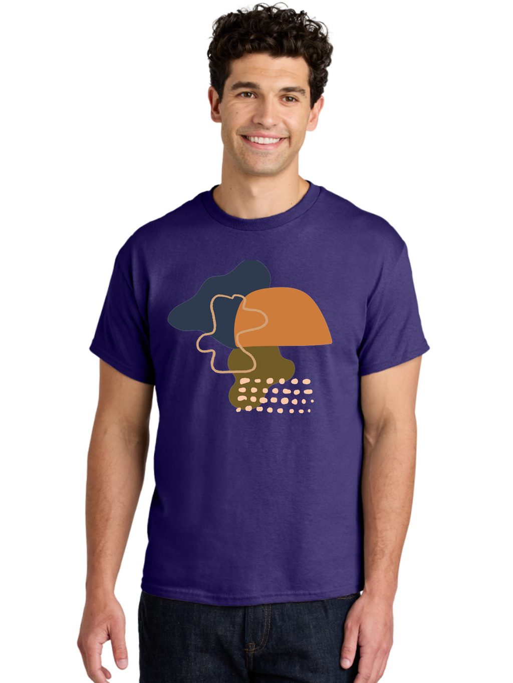 Abstract-Shapes-3 Men'S Graphic Tee, 100% Cotton, Comfortable Casual Summer Wear, Machine Washable, Abstract Shapes, Modern Art, Digital Illustration, Wavy Line, Layered Forms, Blue, Orange, Brown Colors, Minimalist Design, -  Aaa355