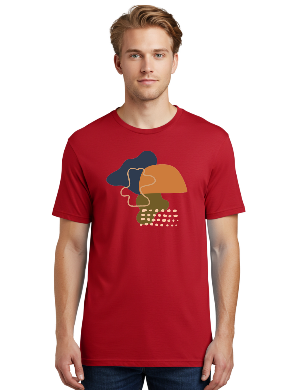 Abstract-Shapes-3 Men'S Graphic Tee, 100% Cotton, Comfortable Casual Summer Wear, Machine Washable, Abstract Shapes, Modern Art, Digital Illustration, Wavy Line, Layered Forms, Blue, Orange, Brown Colors, Minimalist Design, -  Aaa355