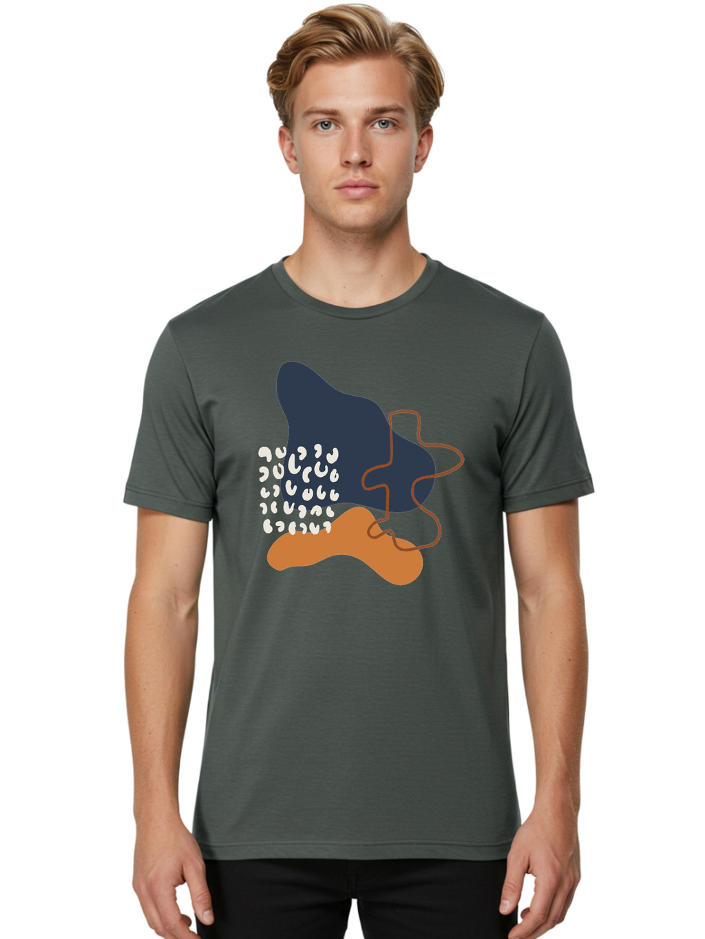 Abstract-Shapes-4 Men'S Graphic Tee, 100% Cotton, Comfortable Casual Summer Wear, Machine Washable, Abstract Art, Modern Design, Unique Shapes, Navy Blue Shape, Orange Blob, White Semicolons, Brown Squiggly Line, Creative Expression, -  Aaa356