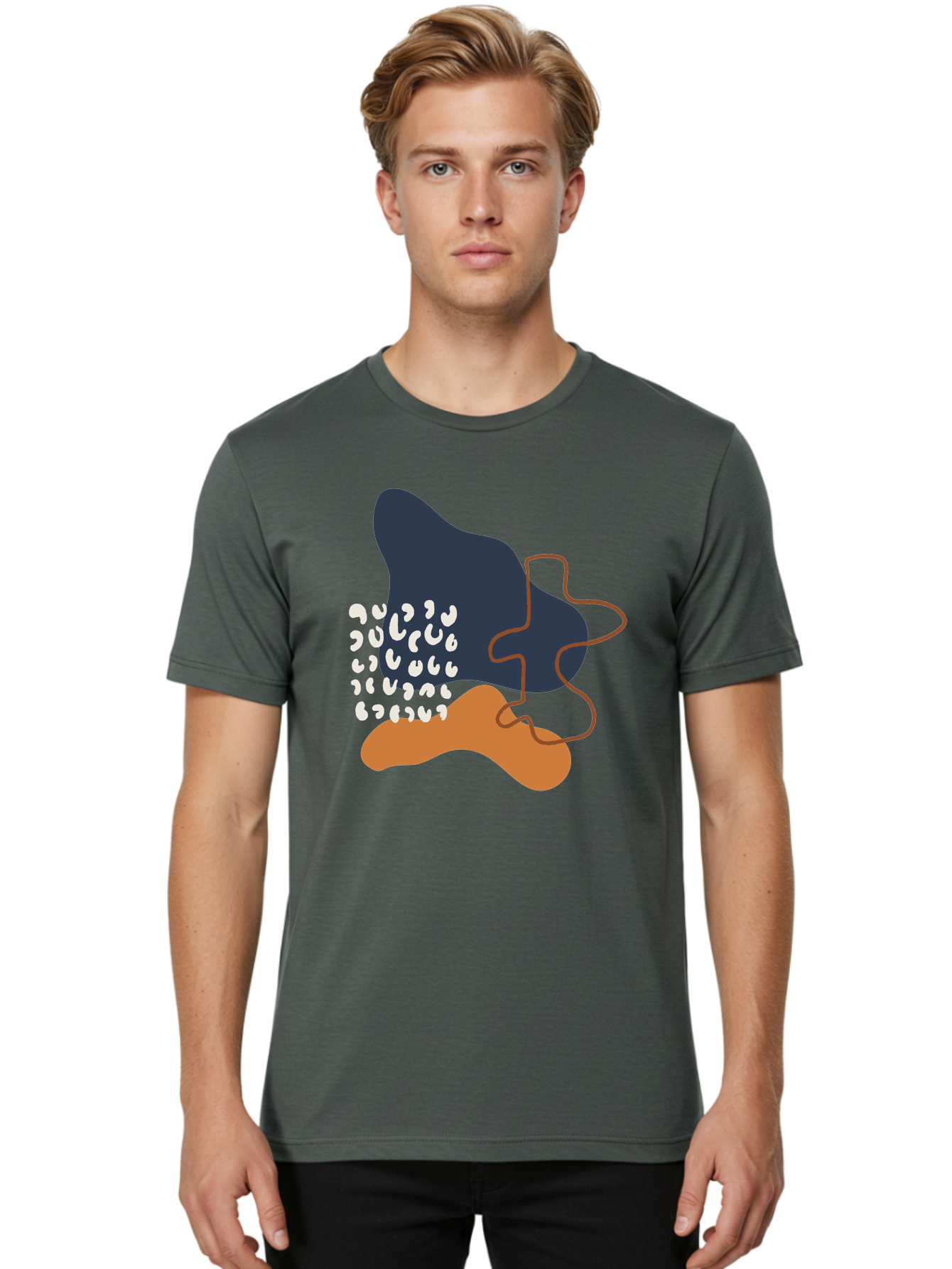 Abstract-Shapes-4 Men'S Graphic Tee, 100% Cotton, Comfortable Casual Summer Wear, Machine Washable, Abstract Art, Modern Design, Unique Shapes, Navy Blue Shape, Orange Blob, White Semicolons, Brown Squiggly Line, Creative Expression, -  Aaa356