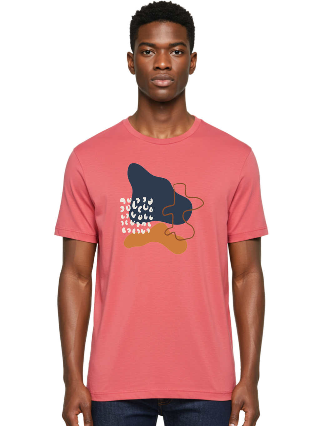 Abstract-Shapes-4 Men'S Graphic Tee, 100% Cotton, Comfortable Casual Summer Wear, Machine Washable, Abstract Art, Modern Design, Unique Shapes, Navy Blue Shape, Orange Blob, White Semicolons, Brown Squiggly Line, Creative Expression, -  Aaa356