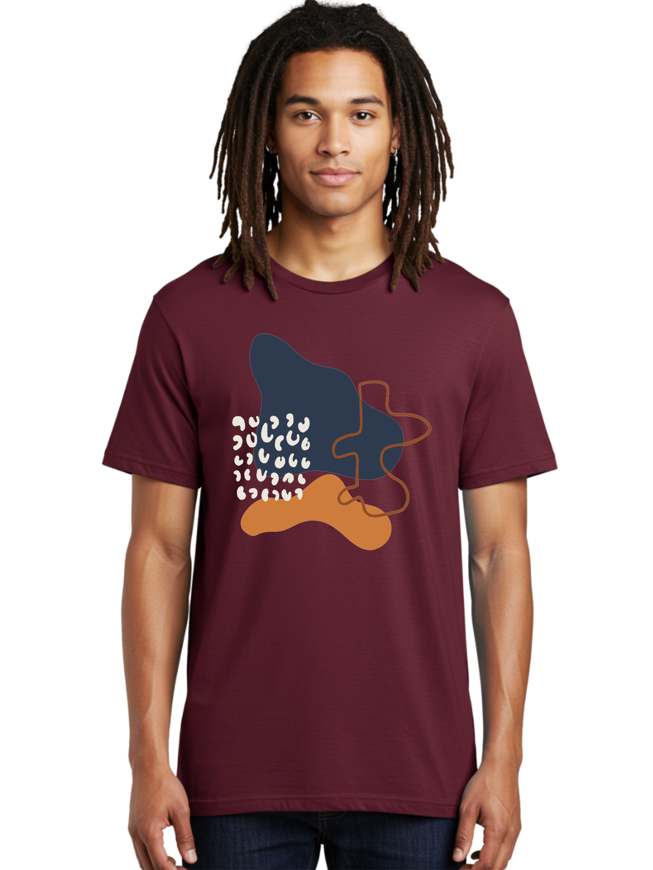 Abstract-Shapes-4 Men'S Graphic Tee, 100% Cotton, Comfortable Casual Summer Wear, Machine Washable, Abstract Art, Modern Design, Unique Shapes, Navy Blue Shape, Orange Blob, White Semicolons, Brown Squiggly Line, Creative Expression, -  Aaa356