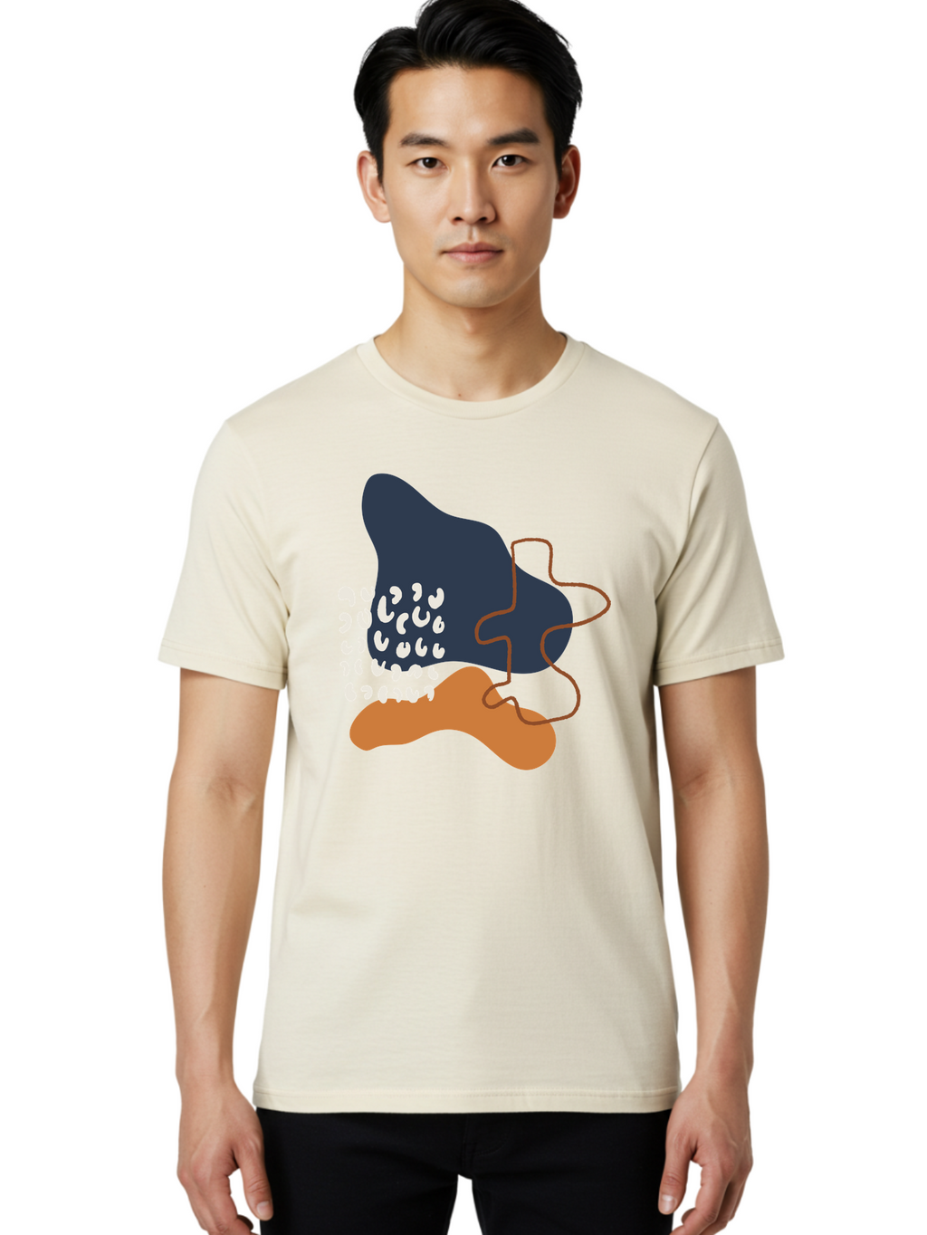 Abstract-Shapes-4 Men'S Graphic Tee, 100% Cotton, Comfortable Casual Summer Wear, Machine Washable, Abstract Art, Modern Design, Unique Shapes, Navy Blue Shape, Orange Blob, White Semicolons, Brown Squiggly Line, Creative Expression, -  Aaa356