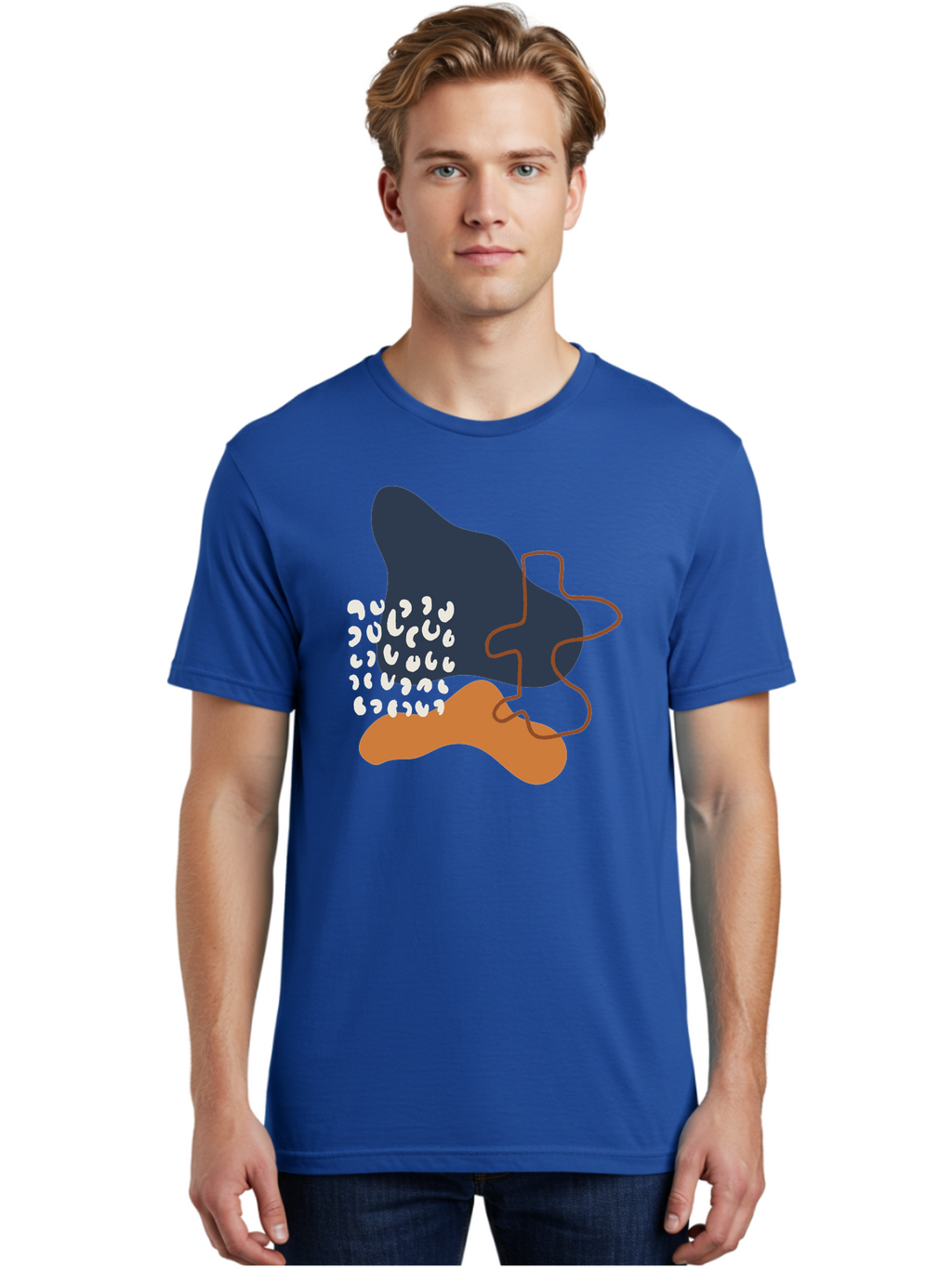 Abstract-Shapes-4 Men'S Graphic Tee, 100% Cotton, Comfortable Casual Summer Wear, Machine Washable, Abstract Art, Modern Design, Unique Shapes, Navy Blue Shape, Orange Blob, White Semicolons, Brown Squiggly Line, Creative Expression, -  Aaa356