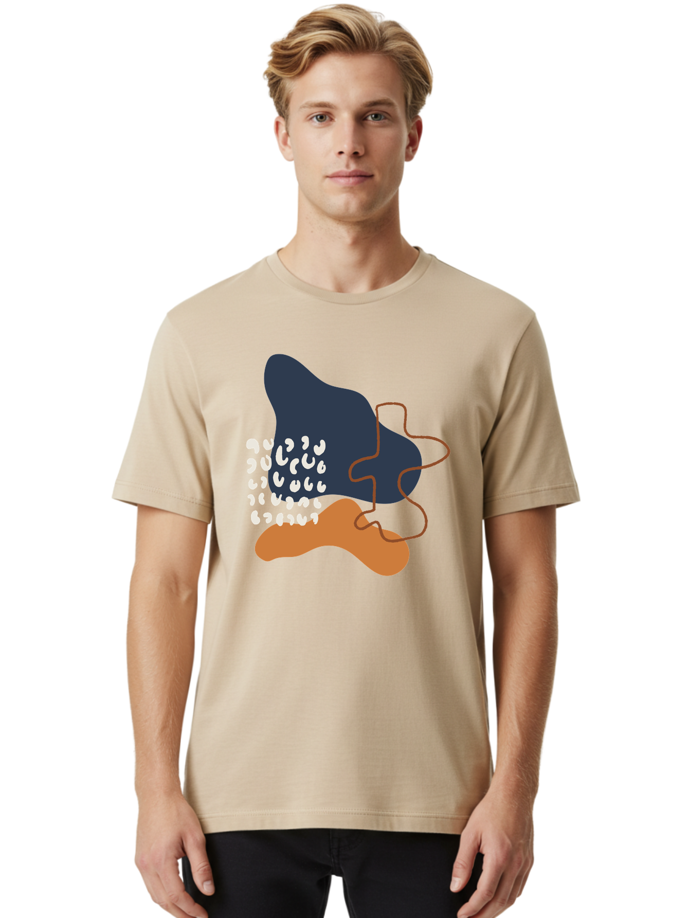 Abstract-Shapes-4 Men'S Graphic Tee, 100% Cotton, Comfortable Casual Summer Wear, Machine Washable, Abstract Art, Modern Design, Unique Shapes, Navy Blue Shape, Orange Blob, White Semicolons, Brown Squiggly Line, Creative Expression, -  Aaa356