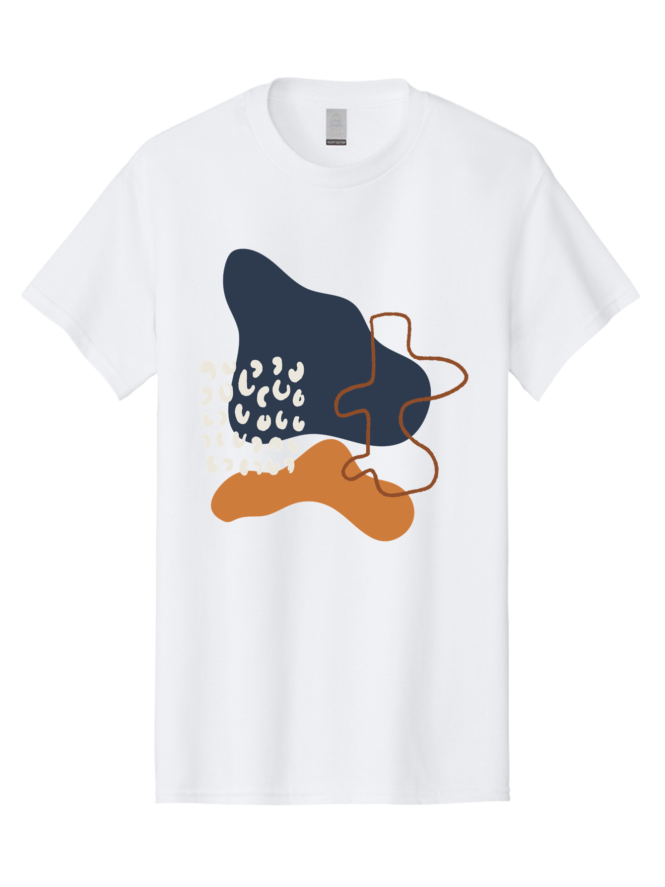 Abstract-Shapes-4 Men'S Graphic Tee, 100% Cotton, Comfortable Casual Summer Wear, Machine Washable, Abstract Art, Modern Design, Unique Shapes, Navy Blue Shape, Orange Blob, White Semicolons, Brown Squiggly Line, Creative Expression, -  Aaa356