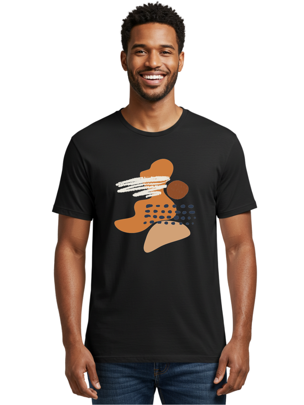 Abstract-Shapes Men'S Graphic Tee, 100% Cotton, Comfortable Casual Summer Wear, Machine Washable, Abstract Art, Modern Design, Geometric Shapes, Orange And Brown Hues, White Streaks, Black Dots, Artistic Expression, Contemporary Style -  Aaa357