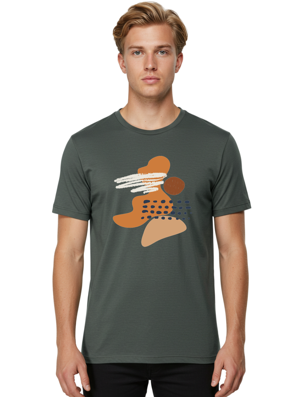 Abstract-Shapes Men'S Graphic Tee, 100% Cotton, Comfortable Casual Summer Wear, Machine Washable, Abstract Art, Modern Design, Geometric Shapes, Orange And Brown Hues, White Streaks, Black Dots, Artistic Expression, Contemporary Style -  Aaa357