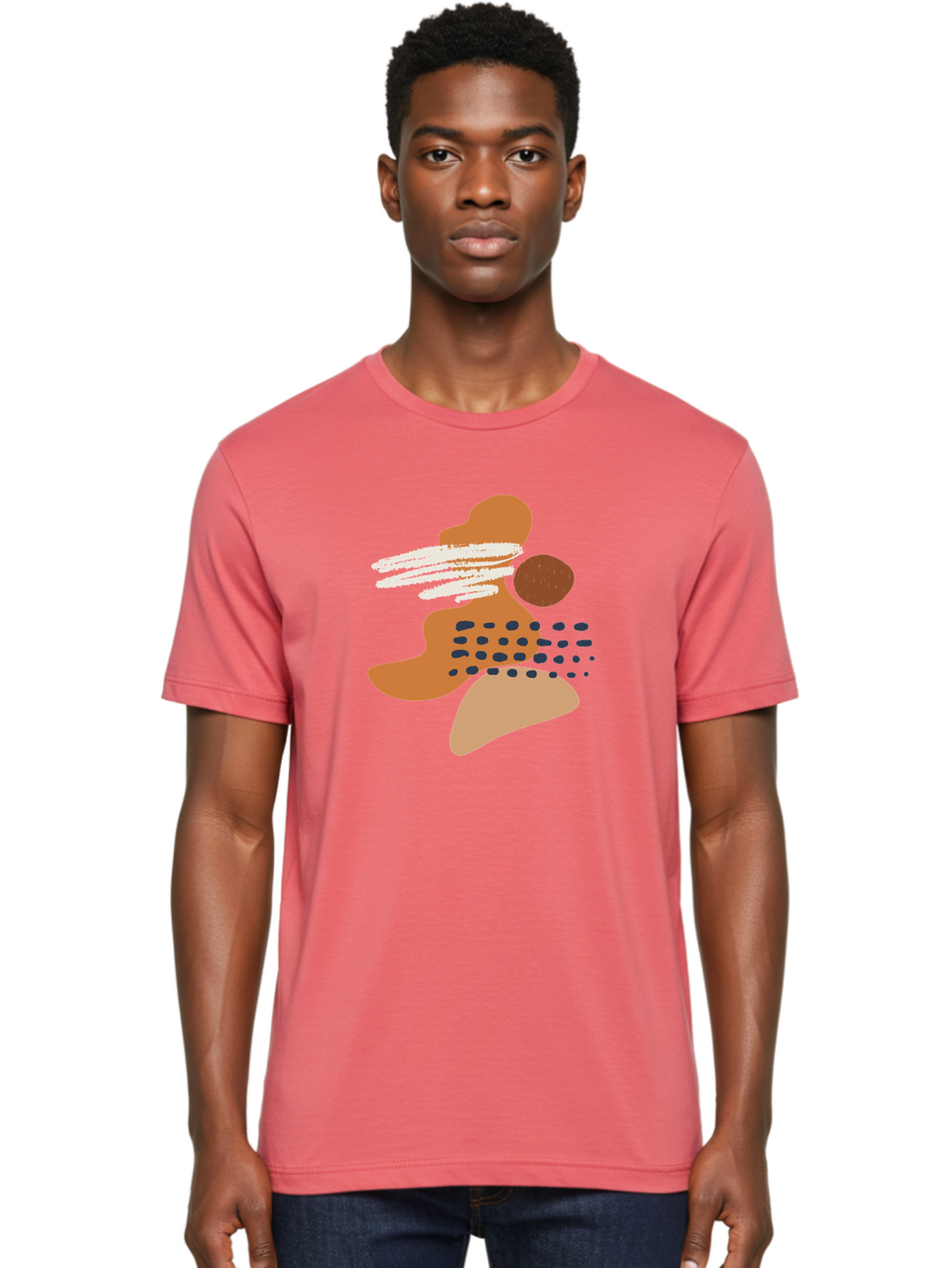 Abstract-Shapes Men'S Graphic Tee, 100% Cotton, Comfortable Casual Summer Wear, Machine Washable, Abstract Art, Modern Design, Geometric Shapes, Orange And Brown Hues, White Streaks, Black Dots, Artistic Expression, Contemporary Style -  Aaa357