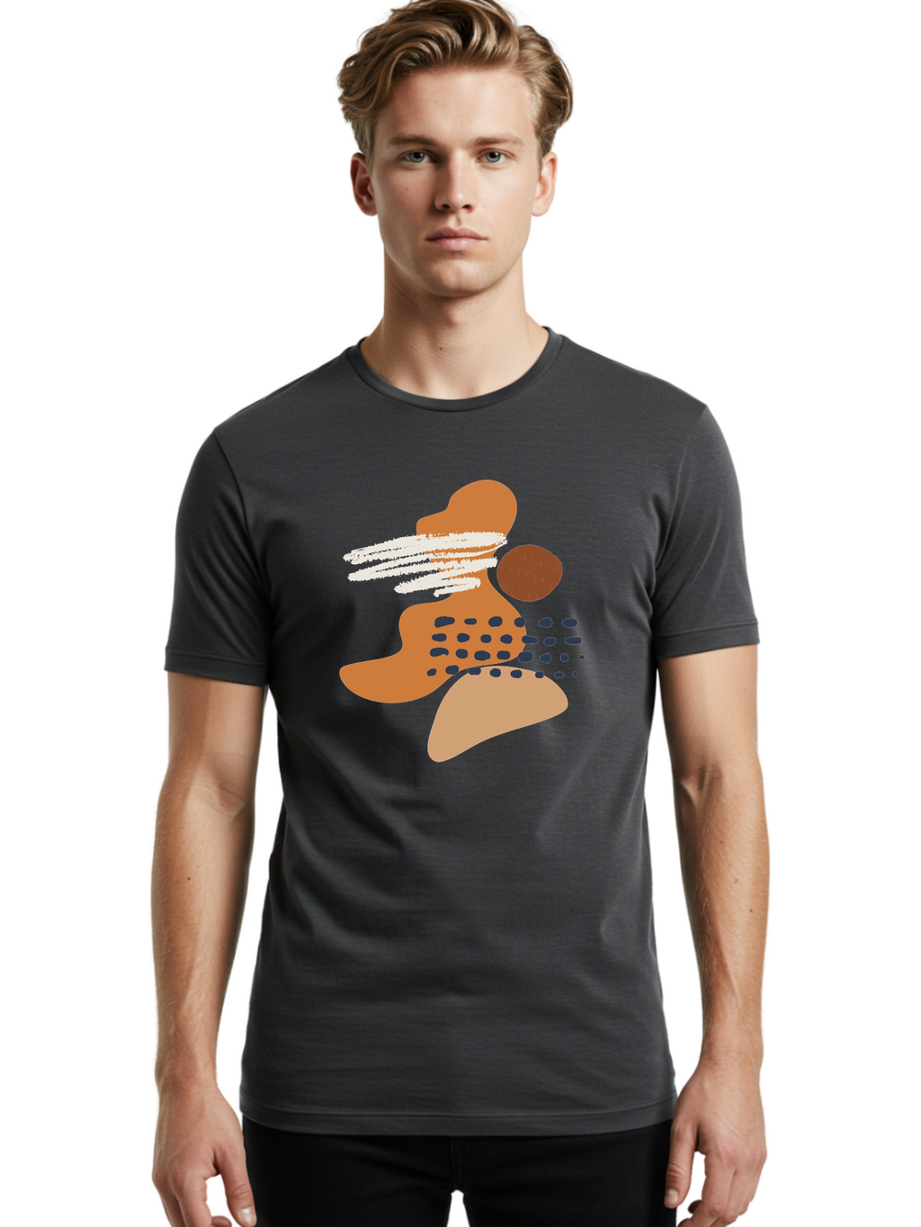 Abstract-Shapes Men'S Graphic Tee, 100% Cotton, Comfortable Casual Summer Wear, Machine Washable, Abstract Art, Modern Design, Geometric Shapes, Orange And Brown Hues, White Streaks, Black Dots, Artistic Expression, Contemporary Style -  Aaa357