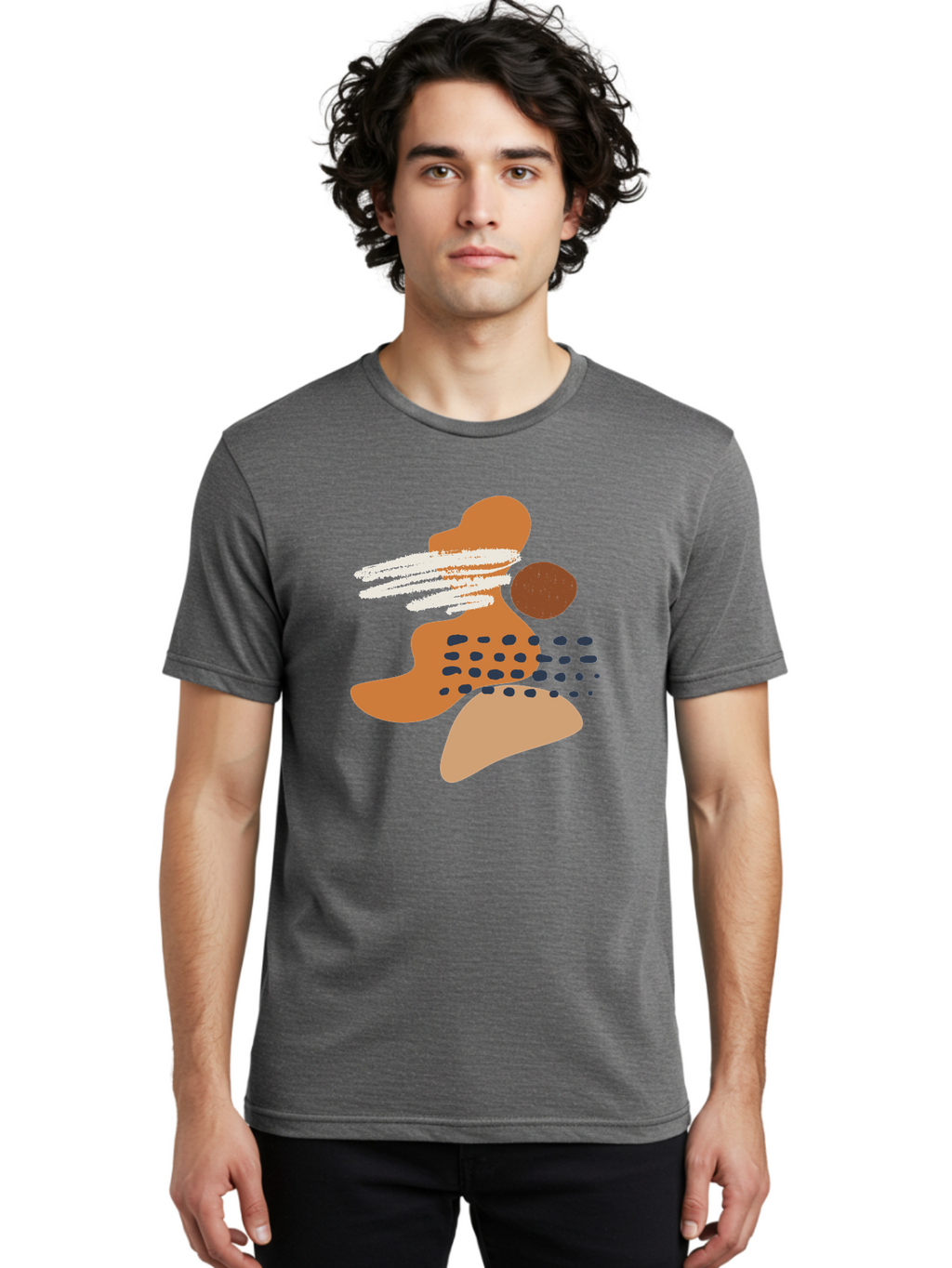 Abstract-Shapes Men'S Graphic Tee, 100% Cotton, Comfortable Casual Summer Wear, Machine Washable, Abstract Art, Modern Design, Geometric Shapes, Orange And Brown Hues, White Streaks, Black Dots, Artistic Expression, Contemporary Style -  Aaa357