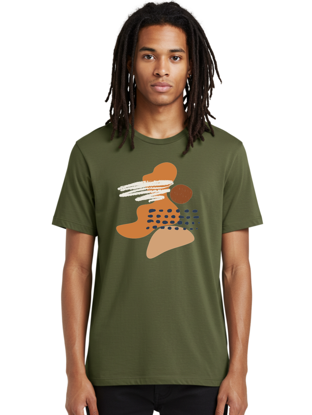 Abstract-Shapes Men'S Graphic Tee, 100% Cotton, Comfortable Casual Summer Wear, Machine Washable, Abstract Art, Modern Design, Geometric Shapes, Orange And Brown Hues, White Streaks, Black Dots, Artistic Expression, Contemporary Style -  Aaa357