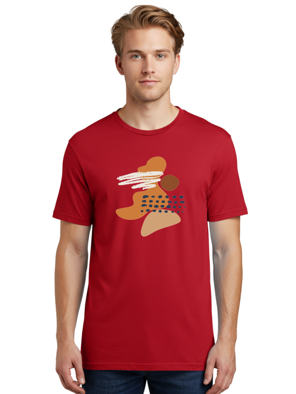 Abstract-Shapes Men'S Graphic Tee, 100% Cotton, Comfortable Casual Summer Wear, Machine Washable, Abstract Art, Modern Design, Geometric Shapes, Orange And Brown Hues, White Streaks, Black Dots, Artistic Expression, Contemporary Style -  Aaa357